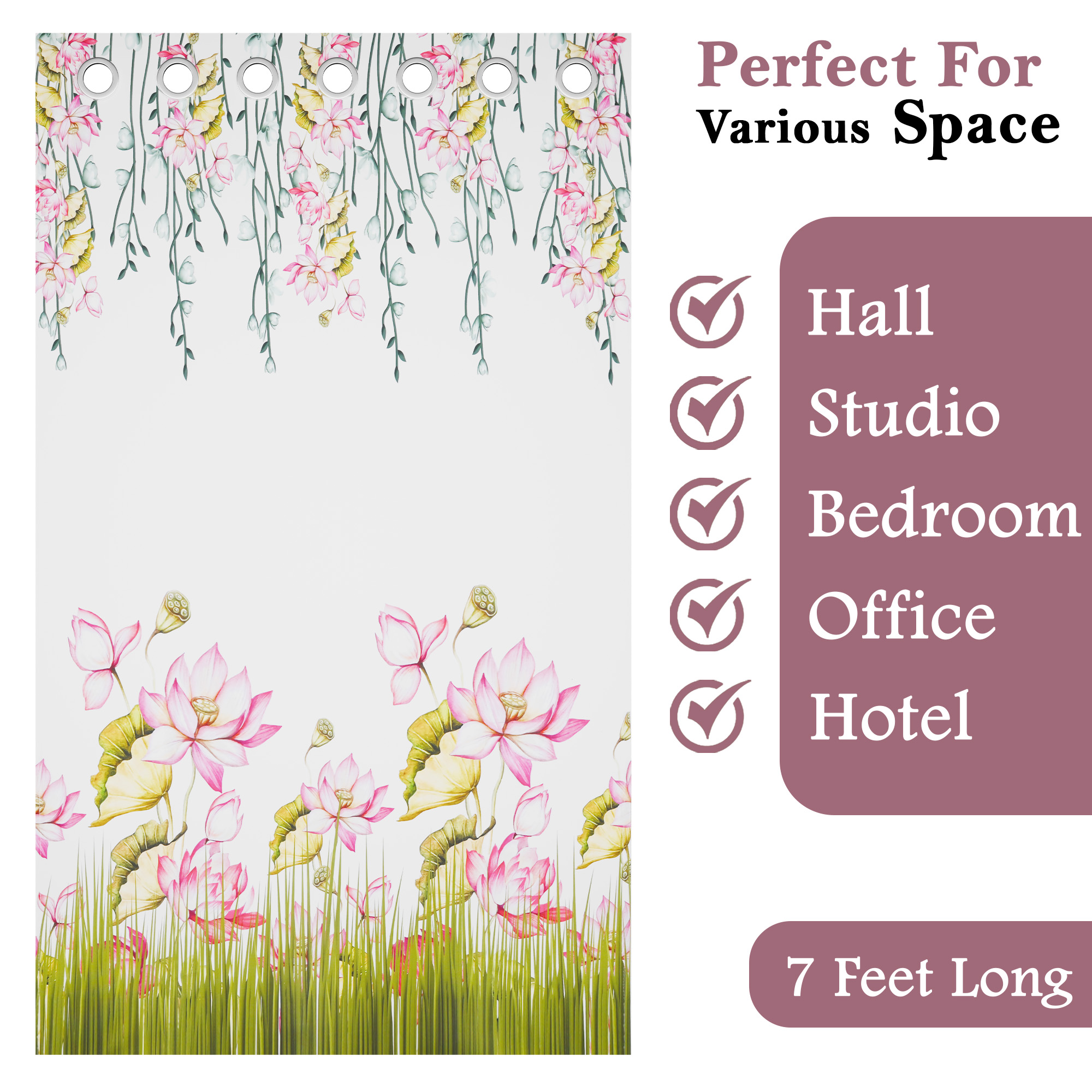 2 Pcs Polyester Door Curtains 7 Feet  Aesthetic Curtains for Bedroom and Living Room Decoration  Kitchen and Room Parda  Digital Lotus Flower - White