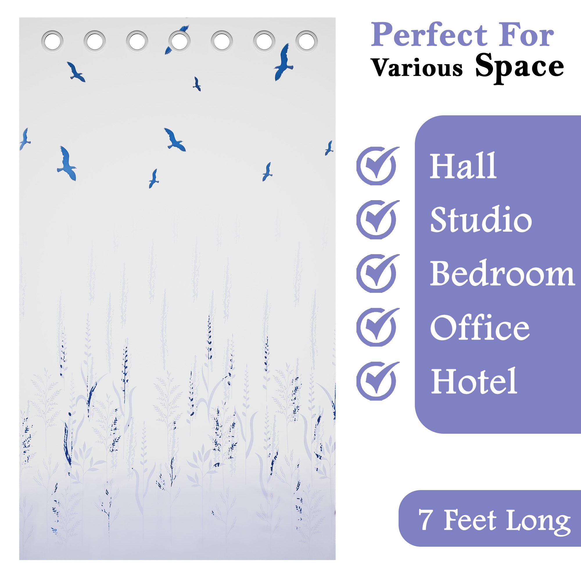 2 Pcs Polyester Door Curtains 7 Feet  Aesthetic Curtains for Bedroom and Living Room Decoration  Kitchen and Room Parda  Digital Birds - White  Grey