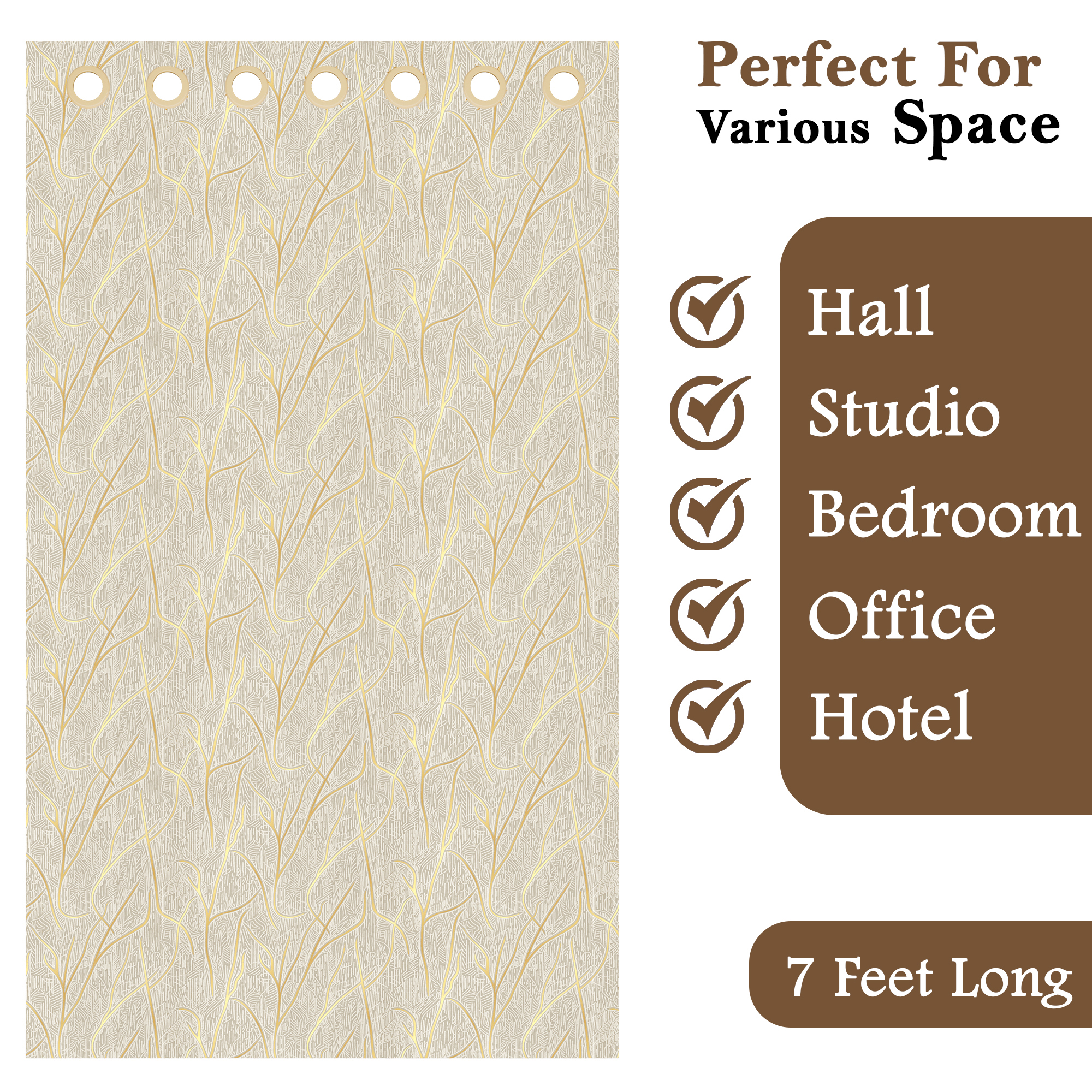 2 Pcs Polyester Door Curtains 7 Feet Long  Aesthetic Curtains for Bedroom and Living Room Decoration  Kitchen and Room Parda  Digital Branches - Cream  Golden