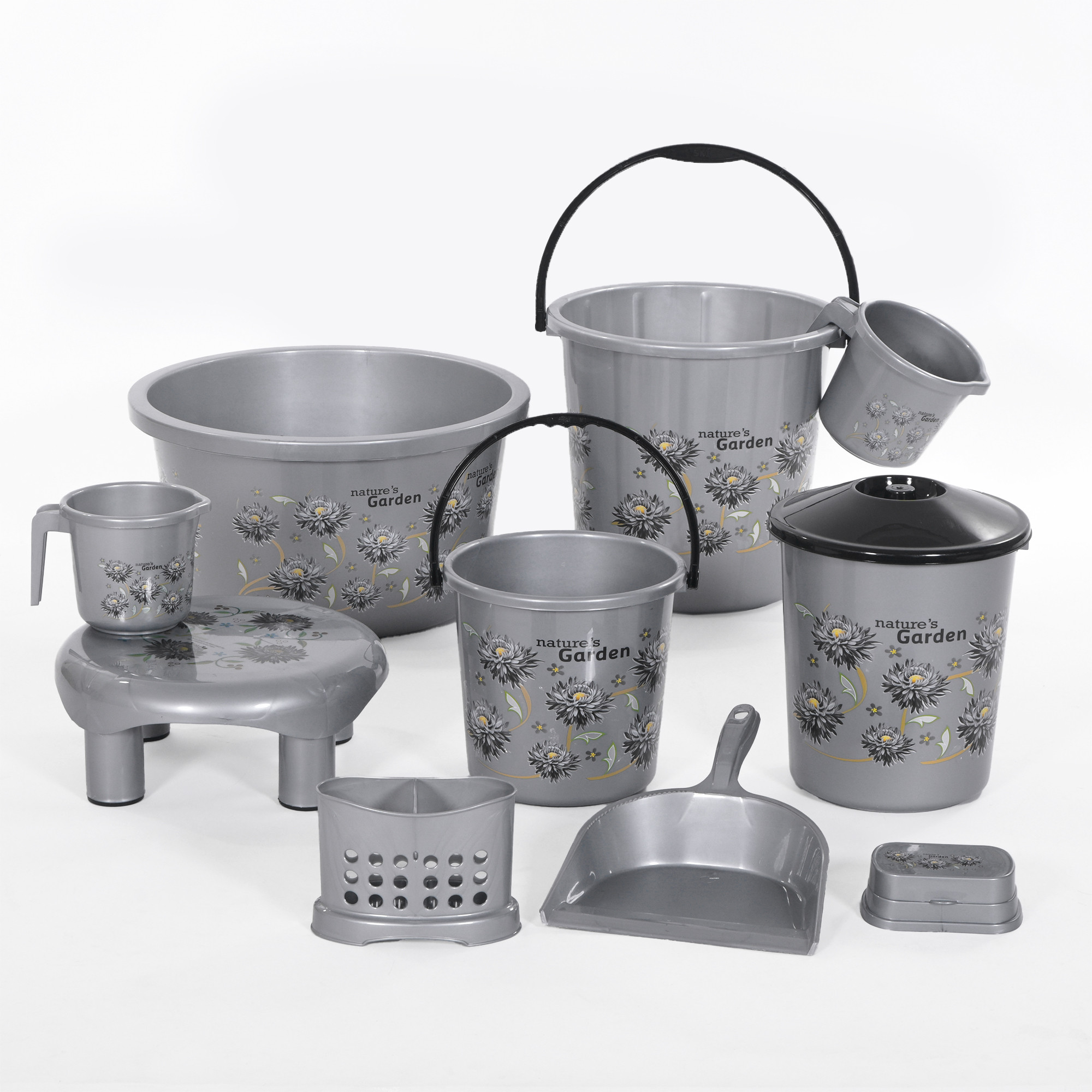 10 Pcs Printed Bathroom Set Combo 2 Buckets Tub Stool 2 Mugs Soap Case Open Dustbin Stool DustPan  Brush Holder  Grey