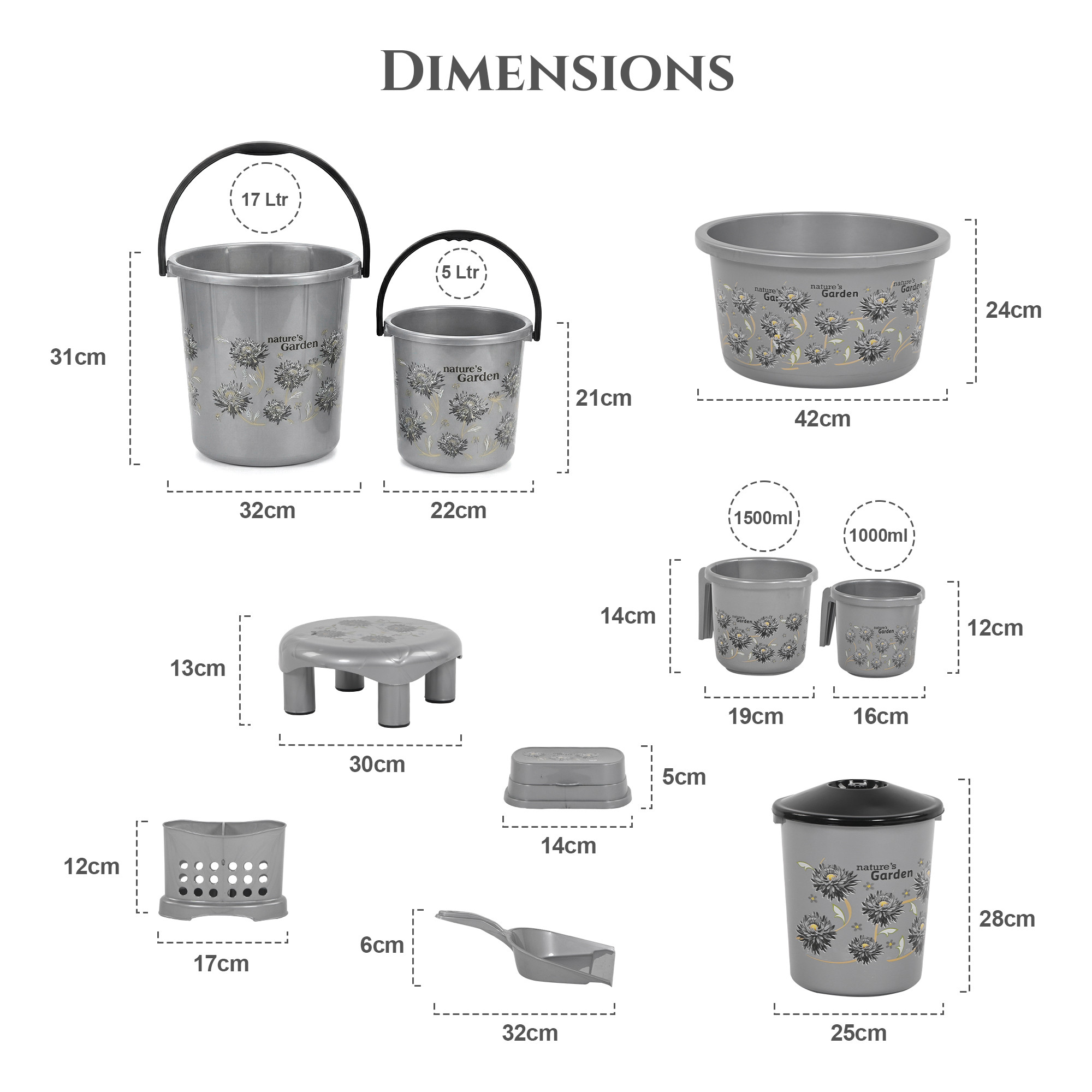 10 Pcs Printed Bathroom Set Combo 2 Buckets Tub Stool 2 Mugs Soap Case Open Dustbin Stool DustPan  Brush Holder  Grey