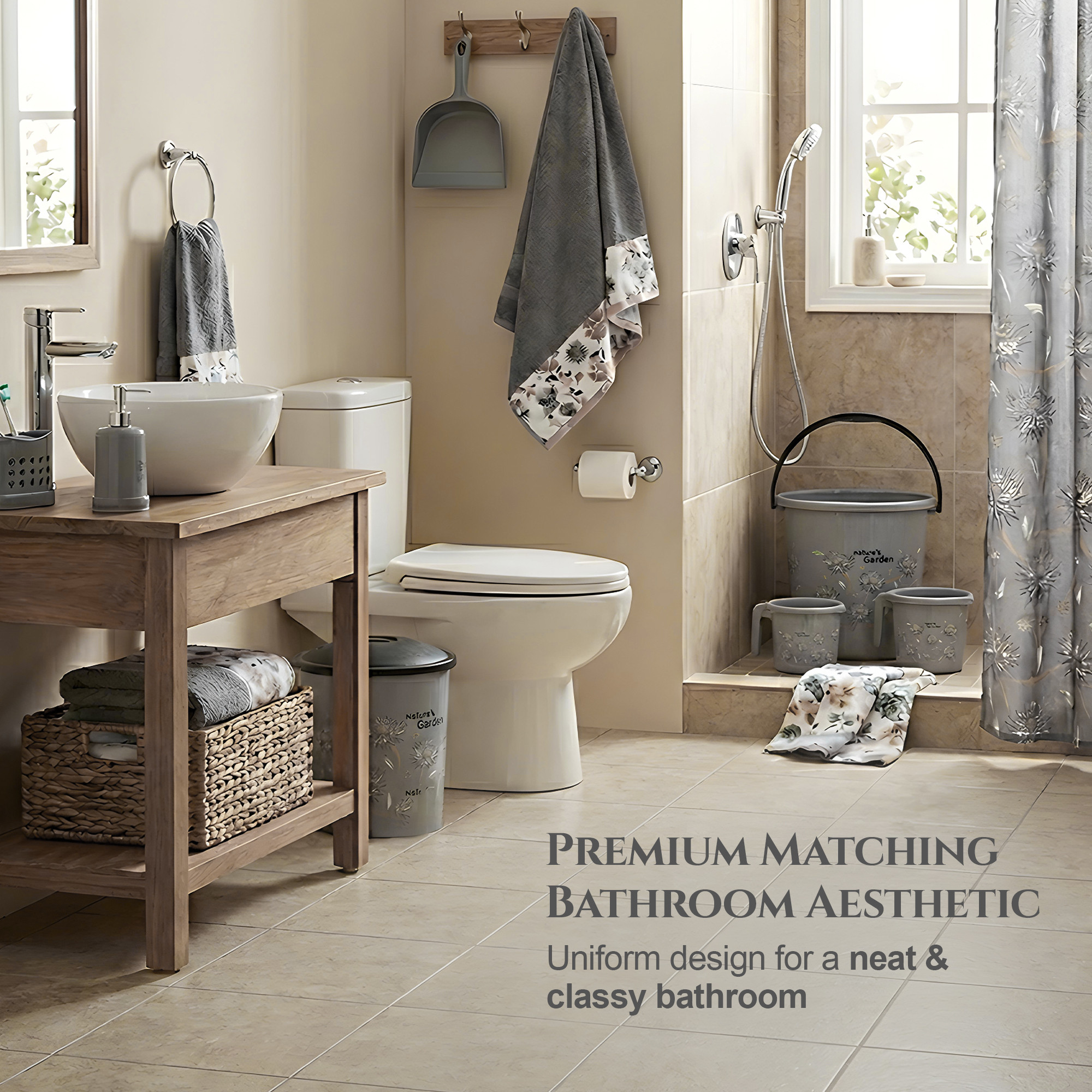 10 Pcs Printed Bathroom Set Combo 2 Buckets Tub Stool 2 Mugs Soap Case Open Dustbin Stool DustPan  Brush Holder  Grey