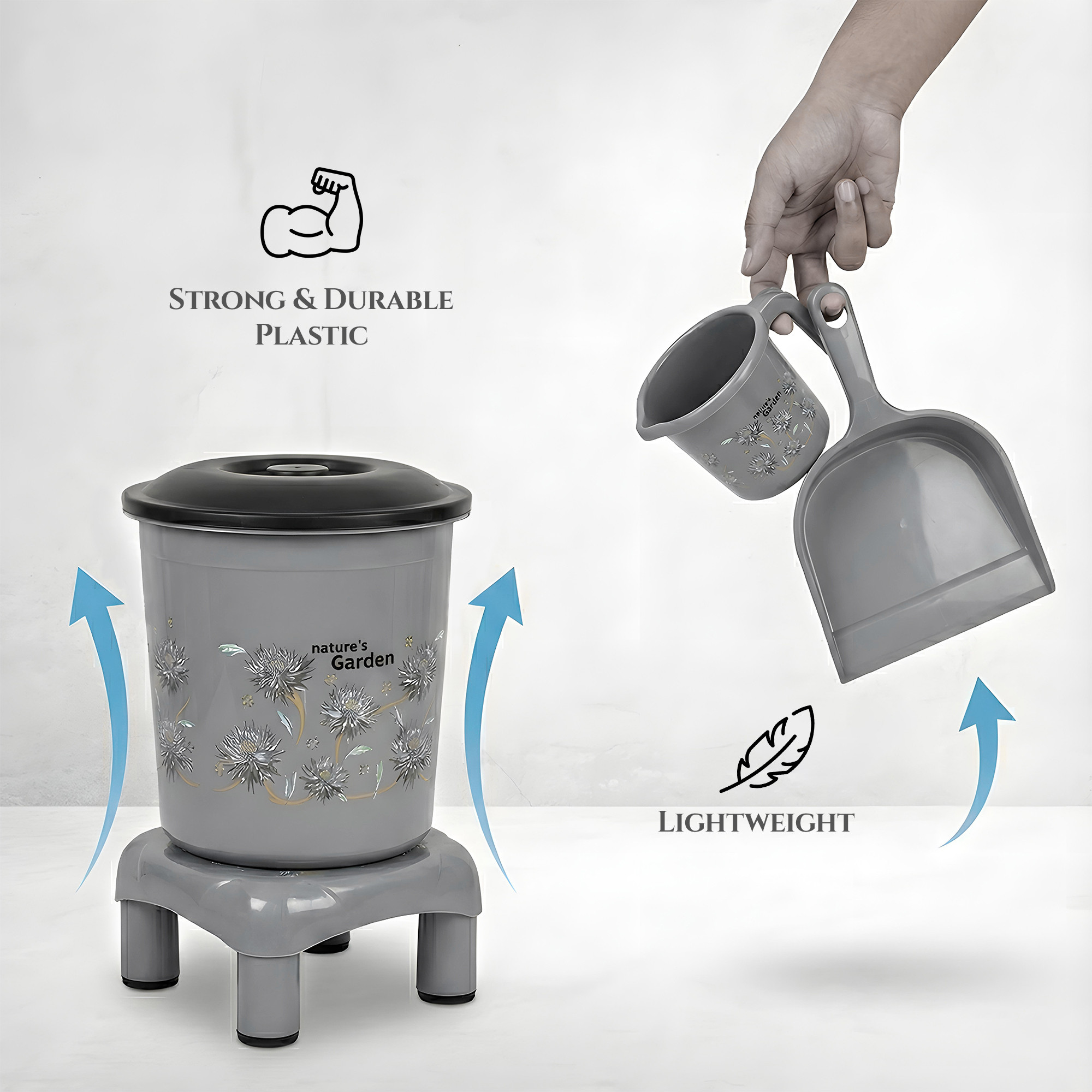 10 Pcs Printed Bathroom Set Combo 2 Buckets Tub Stool 2 Mugs Soap Case Open Dustbin Stool DustPan  Brush Holder  Grey