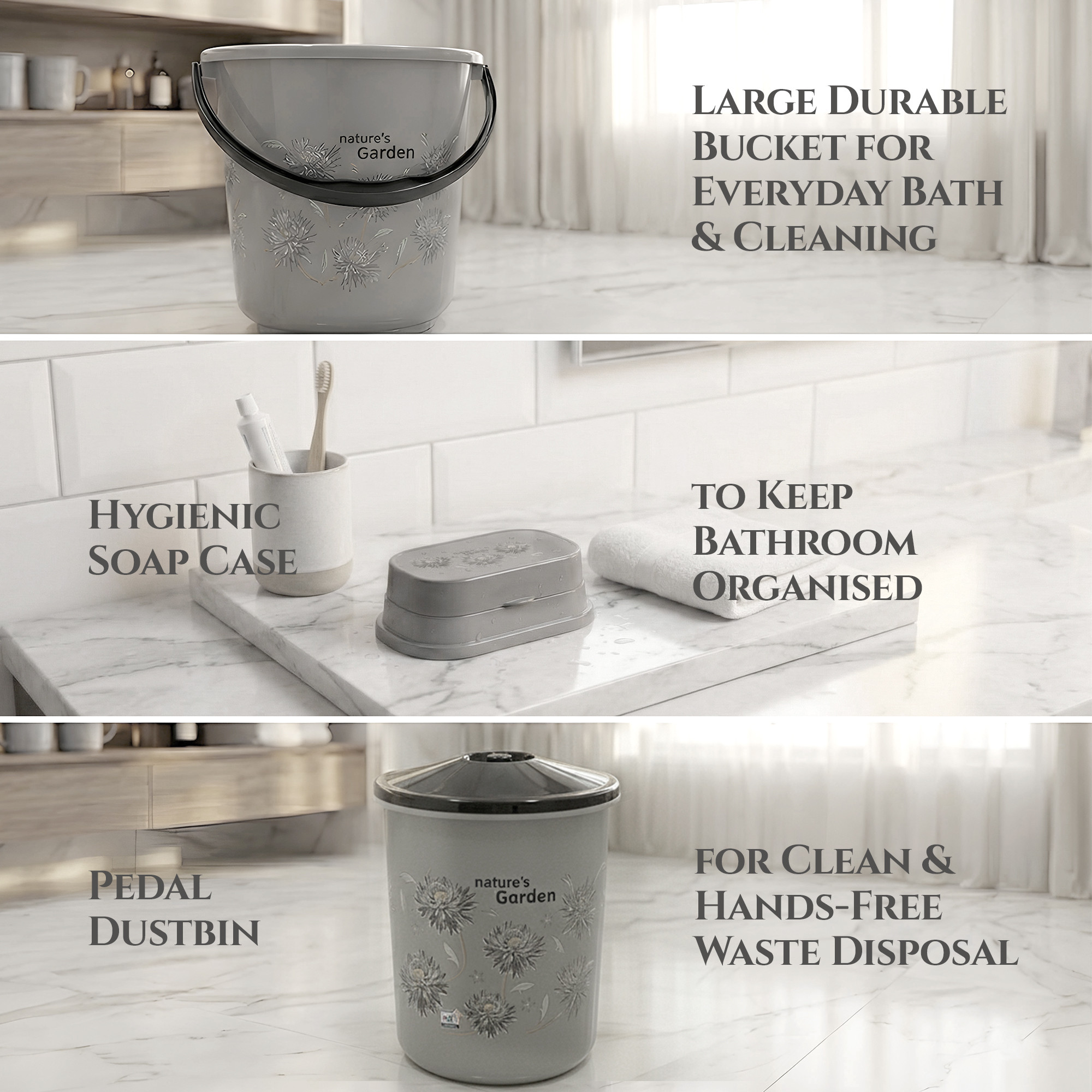 10 Pcs Printed Bathroom Set Combo 2 Buckets Tub Stool 2 Mugs Soap Case Open Dustbin Stool DustPan  Brush Holder  Grey