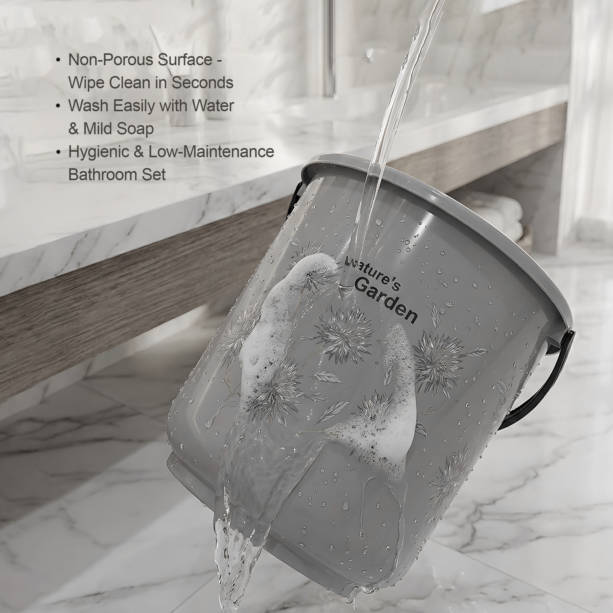 10 Pcs Printed Bathroom Set Combo 2 Buckets Tub Stool 2 Mugs Soap Case Open Dustbin Stool DustPan  Brush Holder  Grey