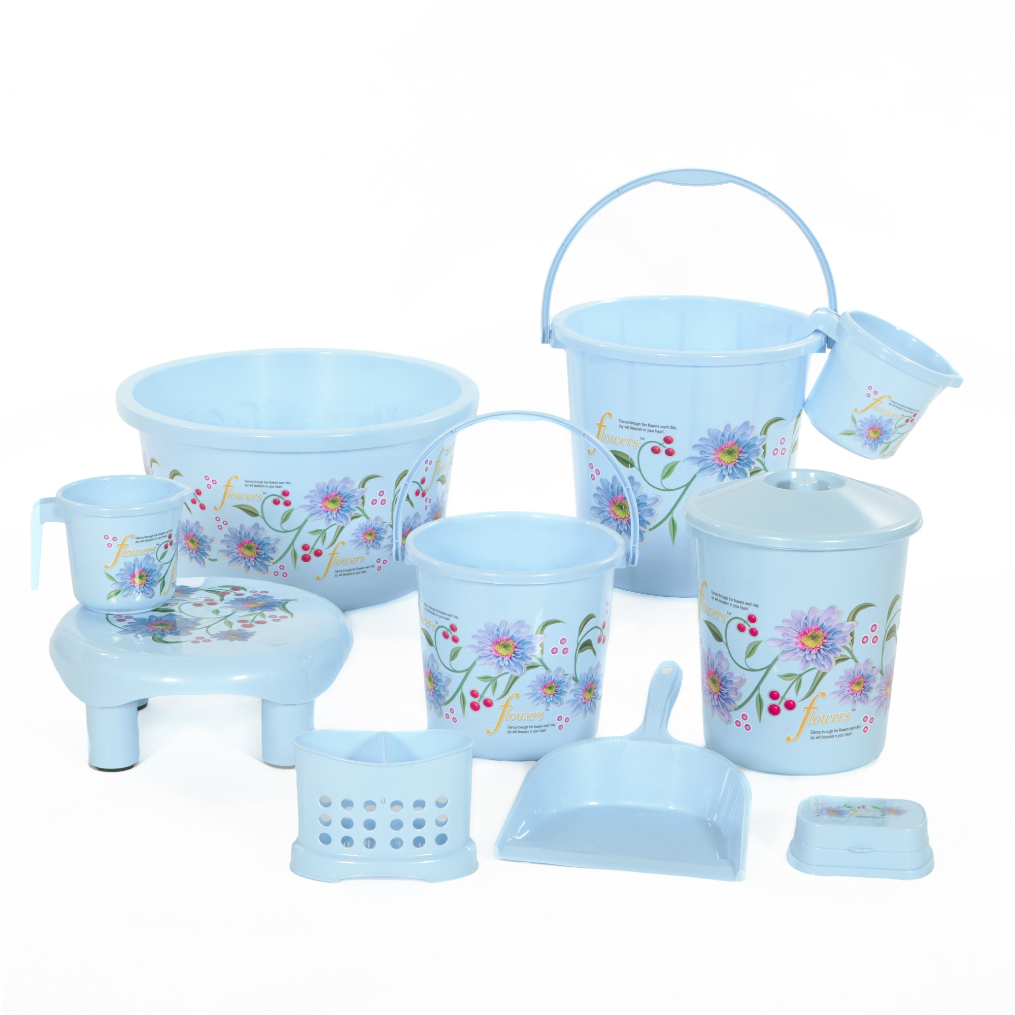 10 Pcs Printed Bathroom Set Combo 2 Buckets Tub Stool 2 Mugs Soap Case Open Dustbin Stool DustPan  Brush Holder  Blue
