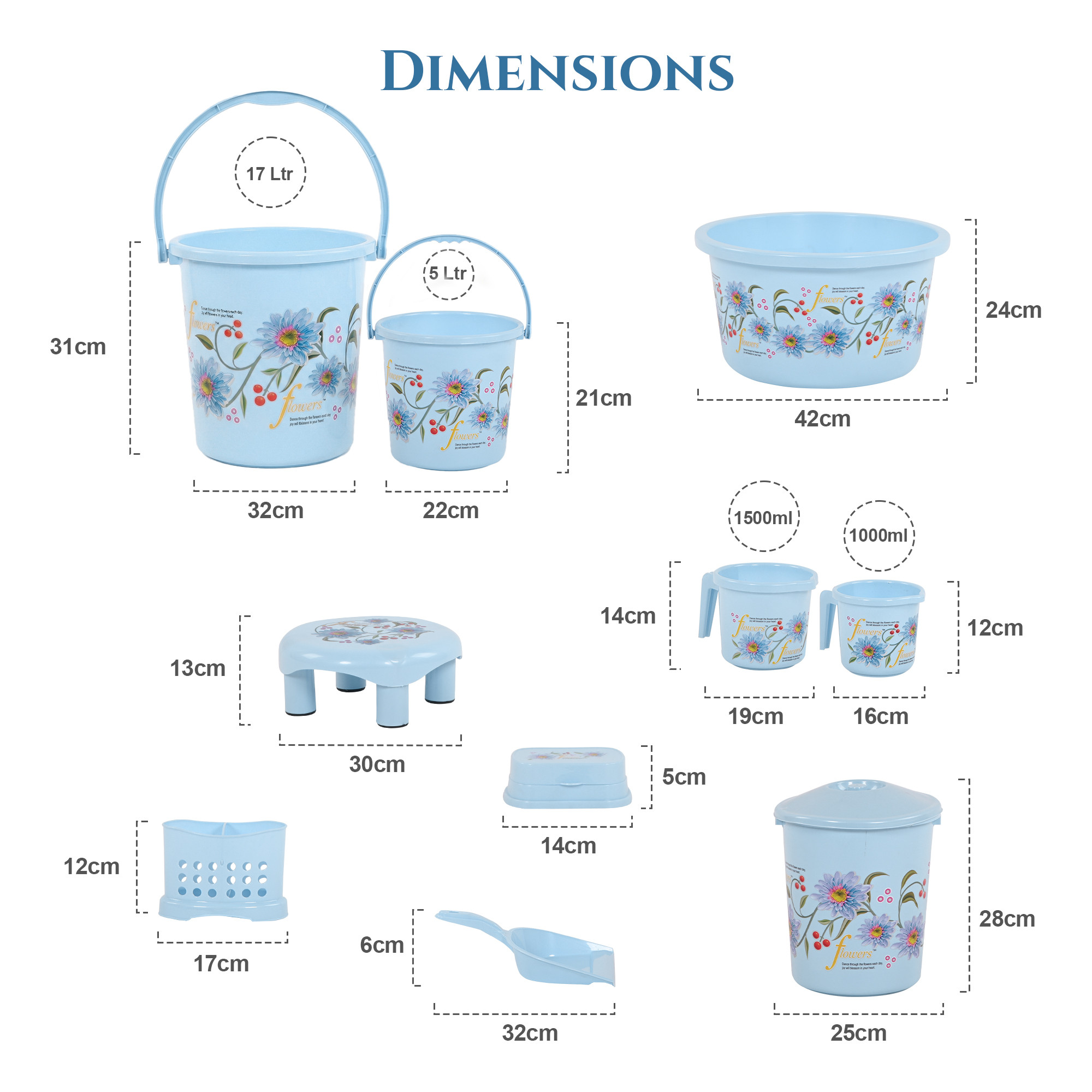 10 Pcs Printed Bathroom Set Combo 2 Buckets Tub Stool 2 Mugs Soap Case Open Dustbin Stool DustPan  Brush Holder  Blue