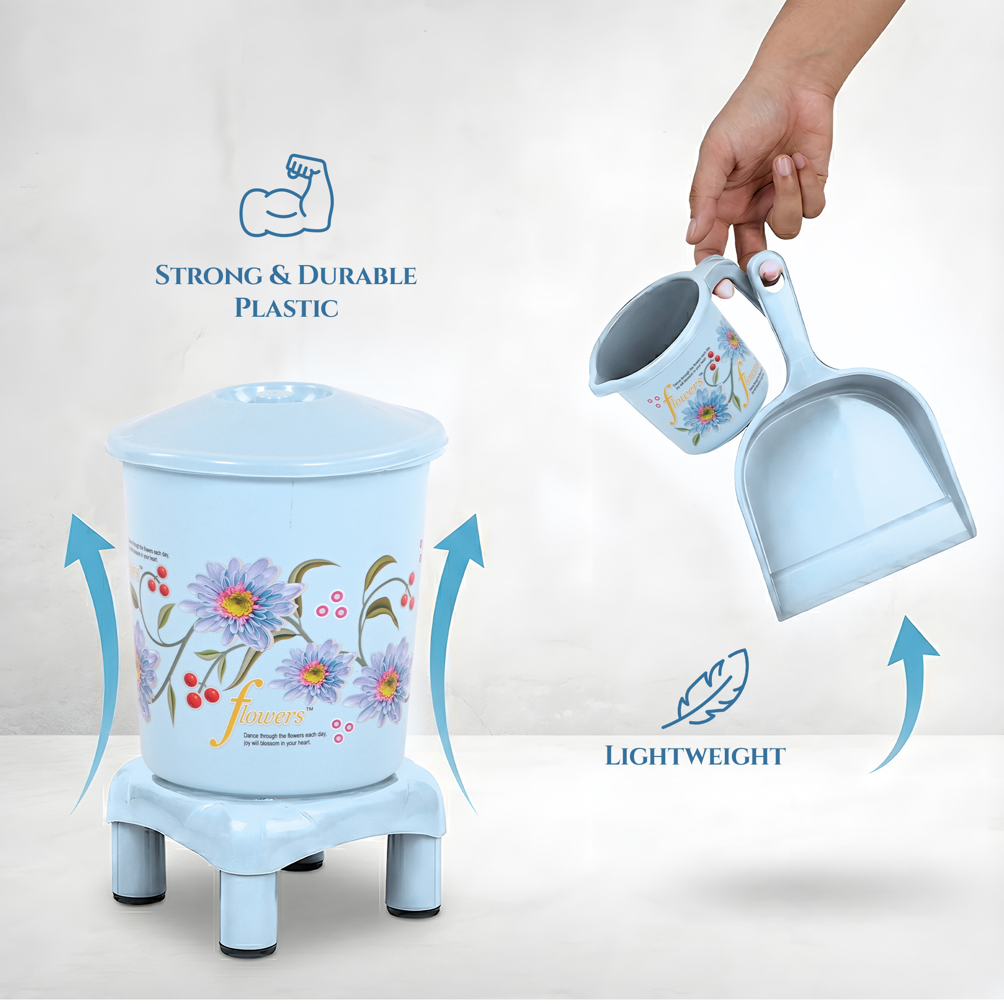 10 Pcs Printed Bathroom Set Combo 2 Buckets Tub Stool 2 Mugs Soap Case Open Dustbin Stool DustPan  Brush Holder  Blue