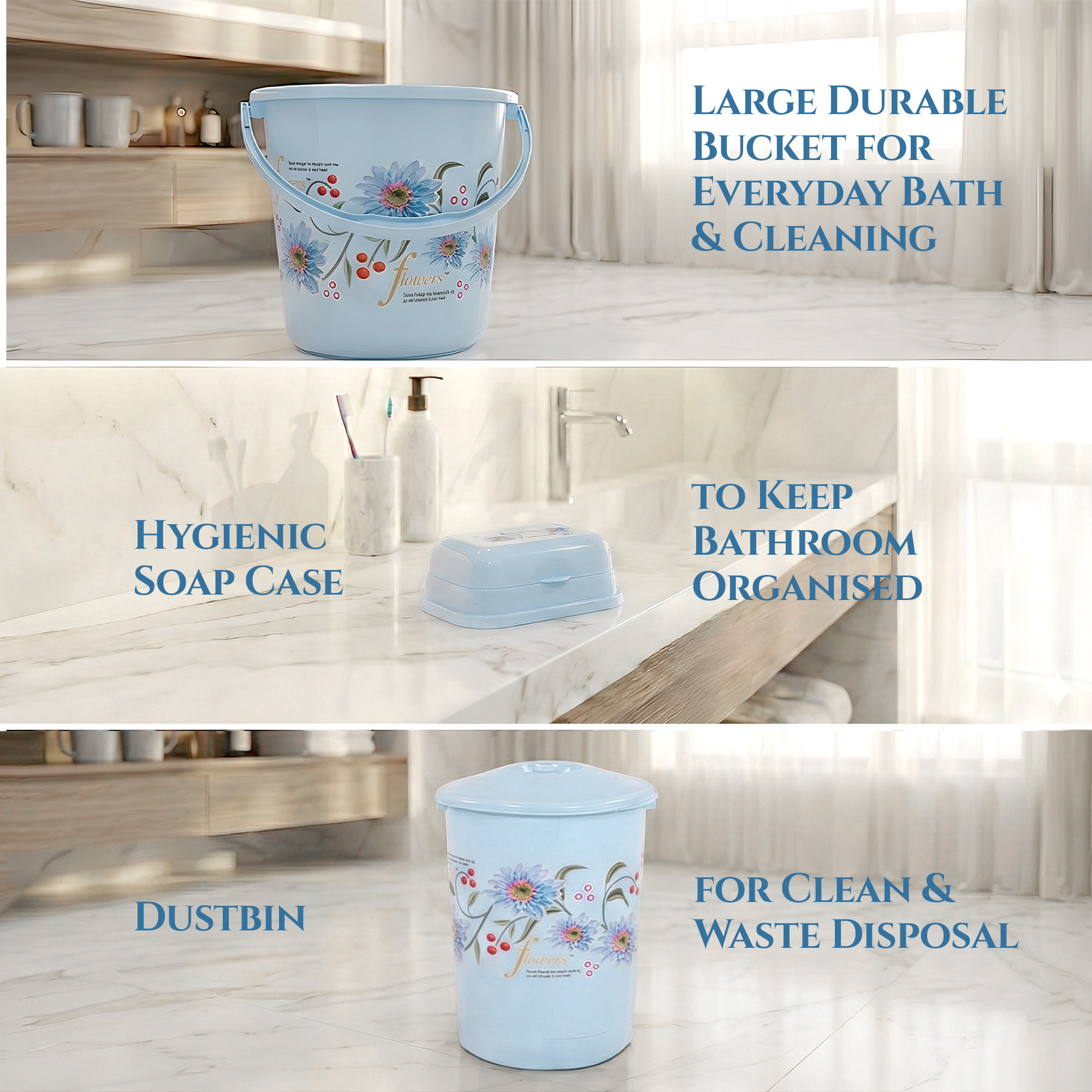 10 Pcs Printed Bathroom Set Combo 2 Buckets Tub Stool 2 Mugs Soap Case Open Dustbin Stool DustPan  Brush Holder  Blue
