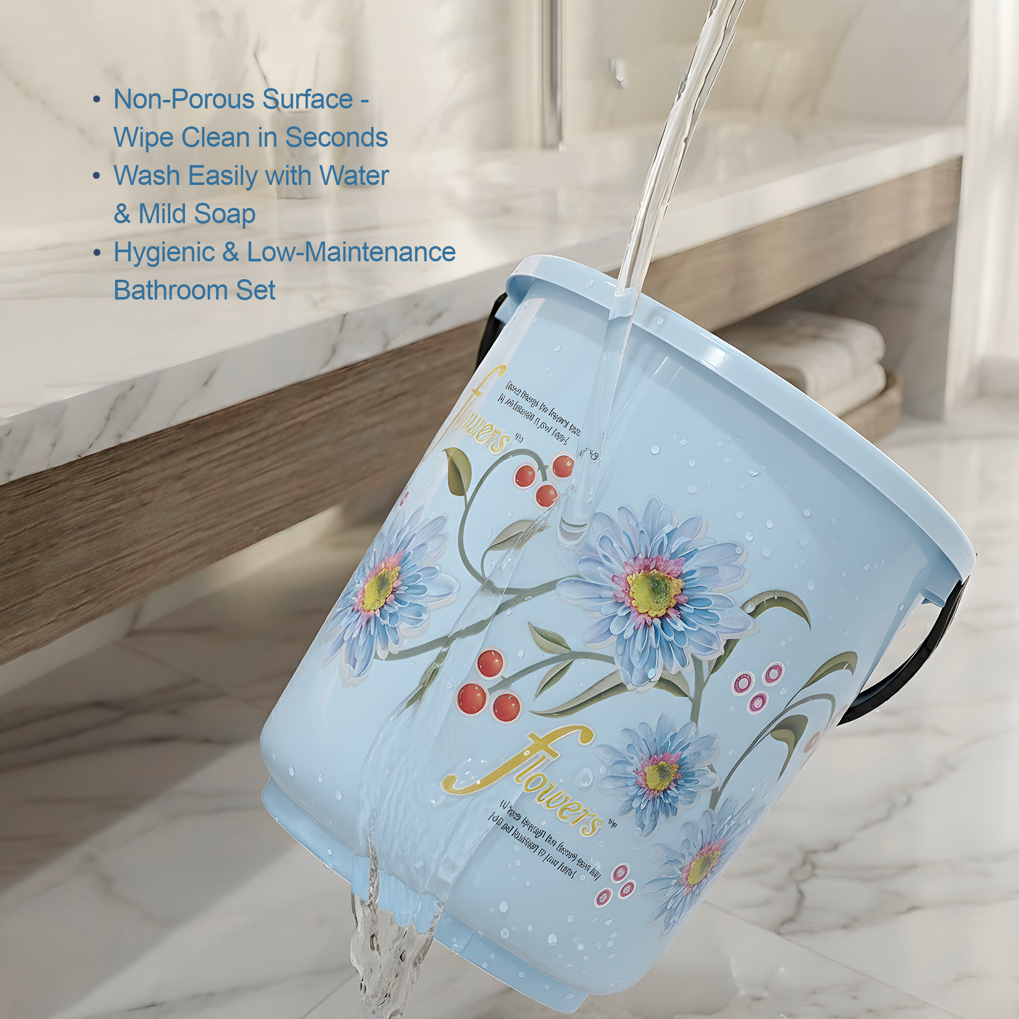 10 Pcs Printed Bathroom Set Combo 2 Buckets Tub Stool 2 Mugs Soap Case Open Dustbin Stool DustPan  Brush Holder  Blue