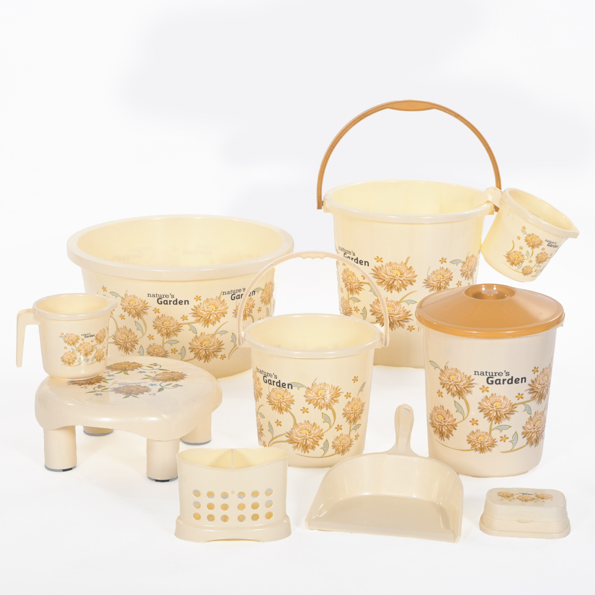 10 Pcs Printed Bathroom Set Combo 2 Buckets Tub Stool 2 Mugs Soap Case Open Dustbin Stool DustPan  Brush Holder  Ivory