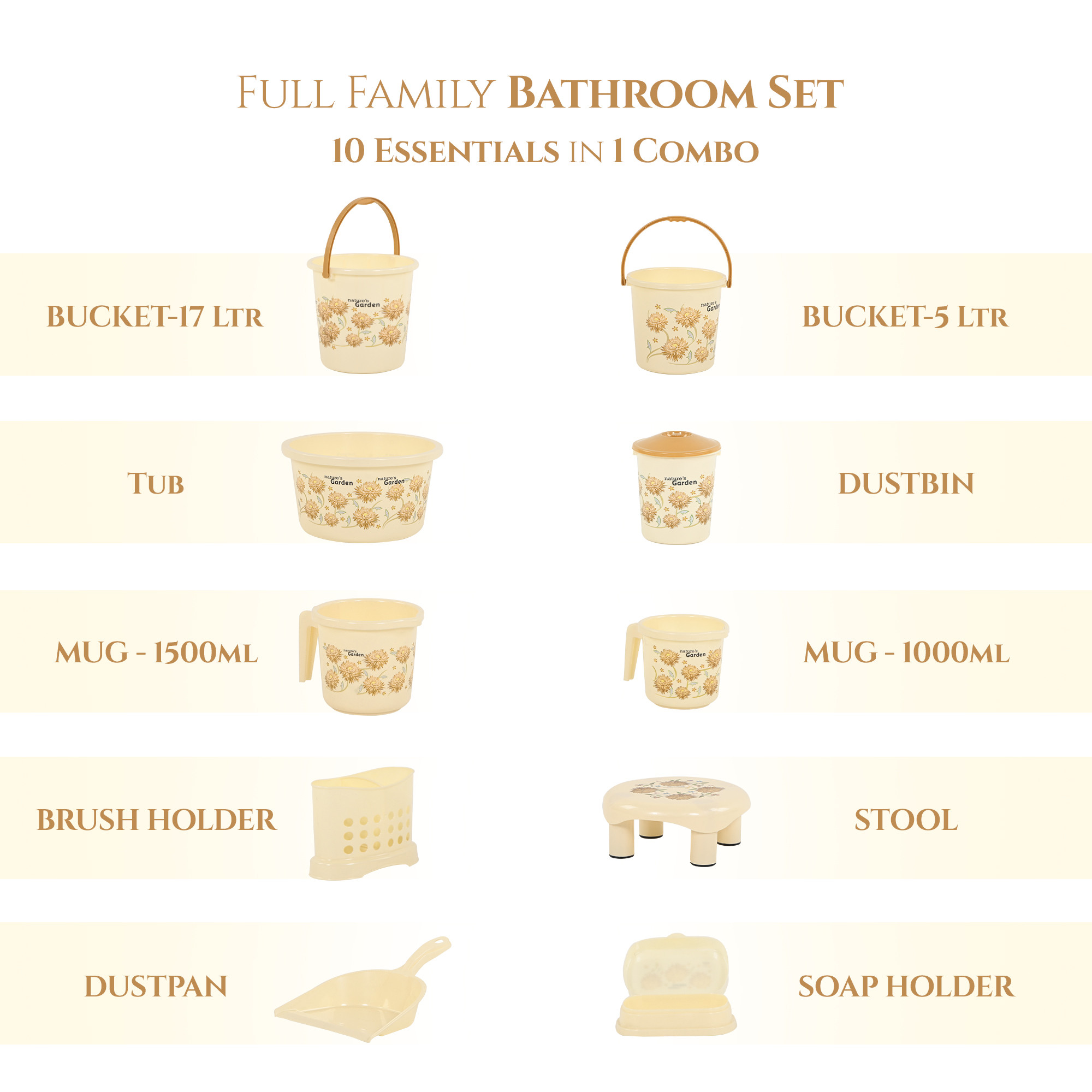 10 Pcs Printed Bathroom Set Combo 2 Buckets Tub Stool 2 Mugs Soap Case Open Dustbin Stool DustPan  Brush Holder  Ivory
