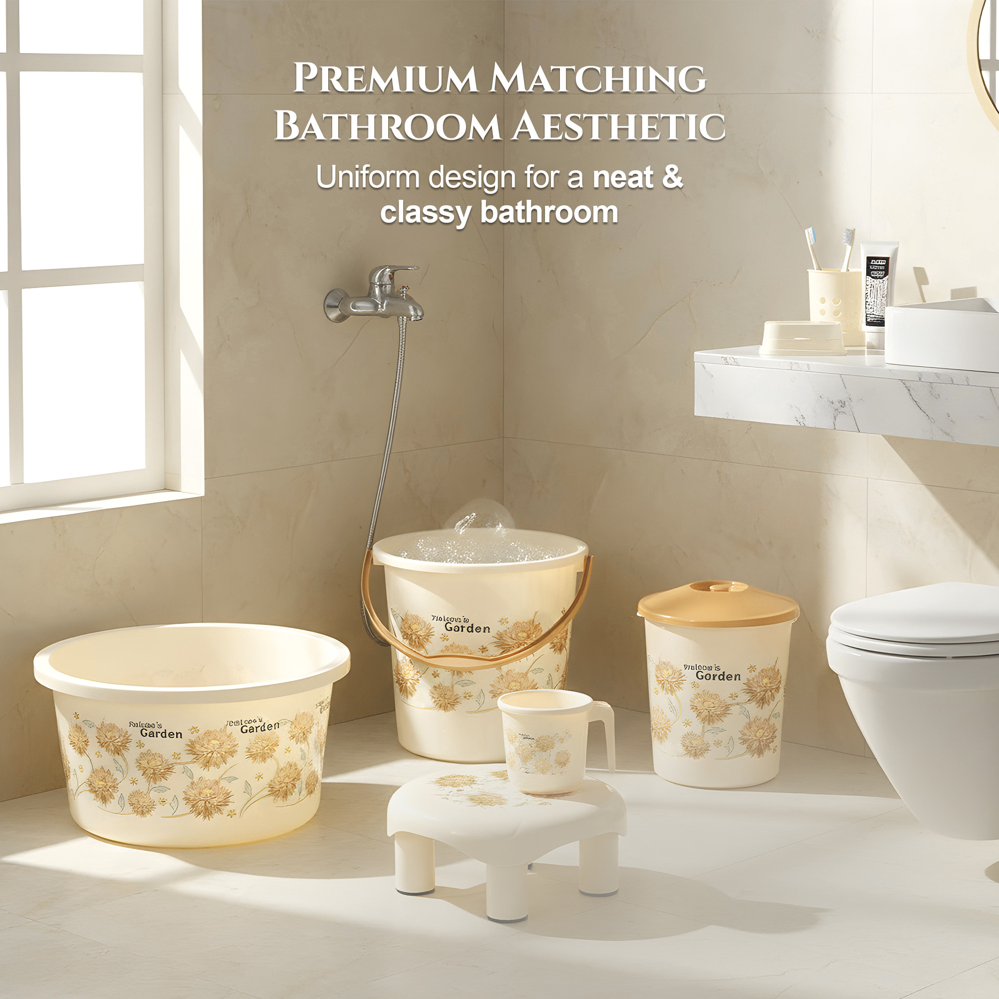10 Pcs Printed Bathroom Set Combo 2 Buckets Tub Stool 2 Mugs Soap Case Open Dustbin Stool DustPan  Brush Holder  Ivory