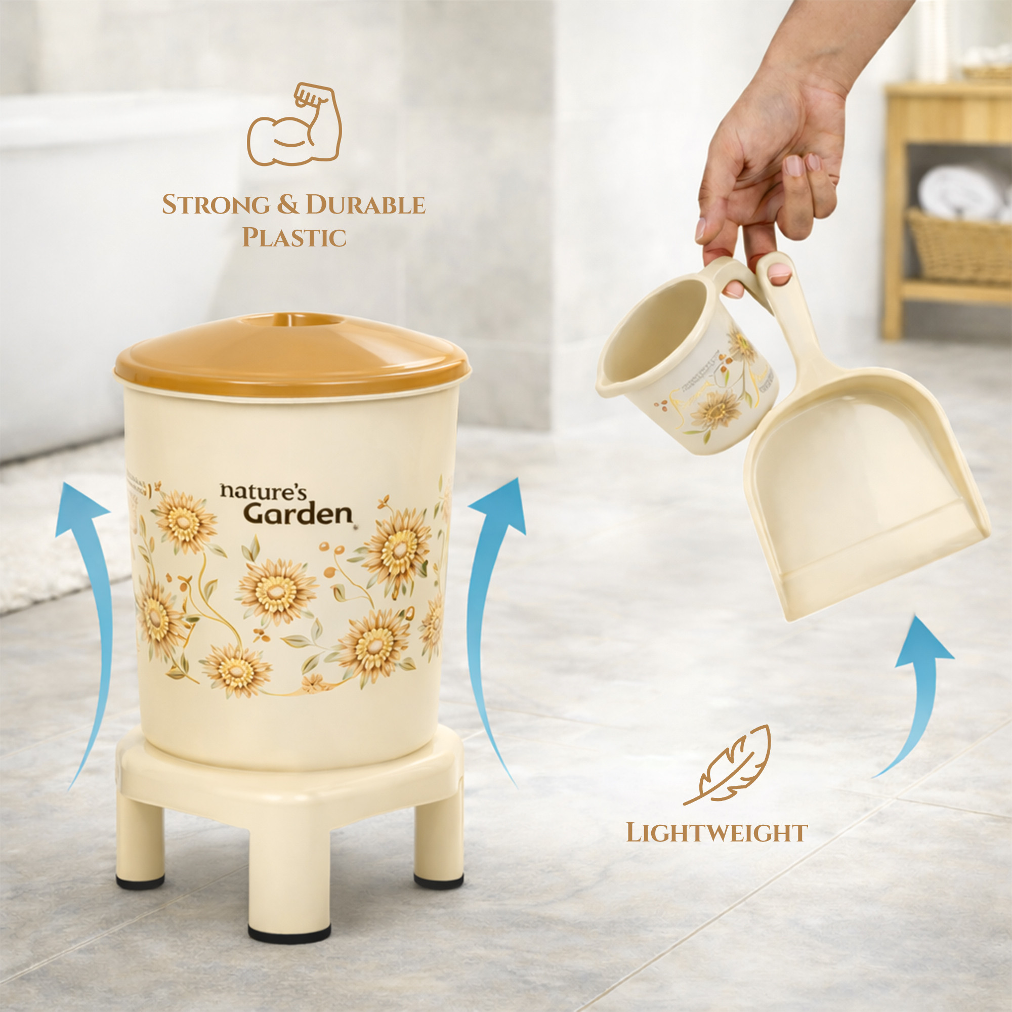 10 Pcs Printed Bathroom Set Combo 2 Buckets Tub Stool 2 Mugs Soap Case Open Dustbin Stool DustPan  Brush Holder  Ivory