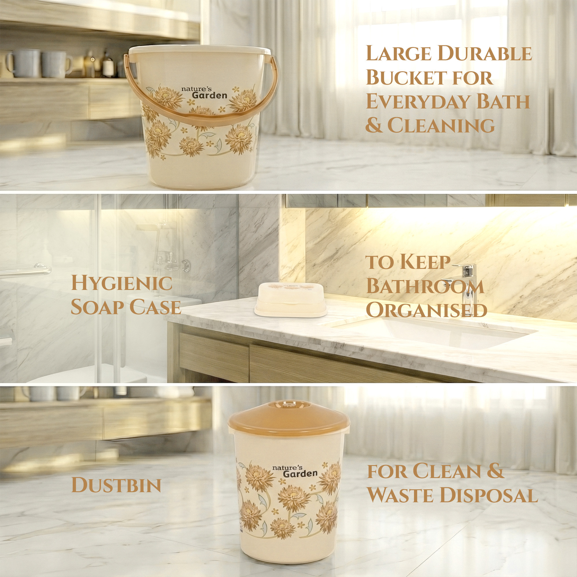 10 Pcs Printed Bathroom Set Combo 2 Buckets Tub Stool 2 Mugs Soap Case Open Dustbin Stool DustPan  Brush Holder  Ivory