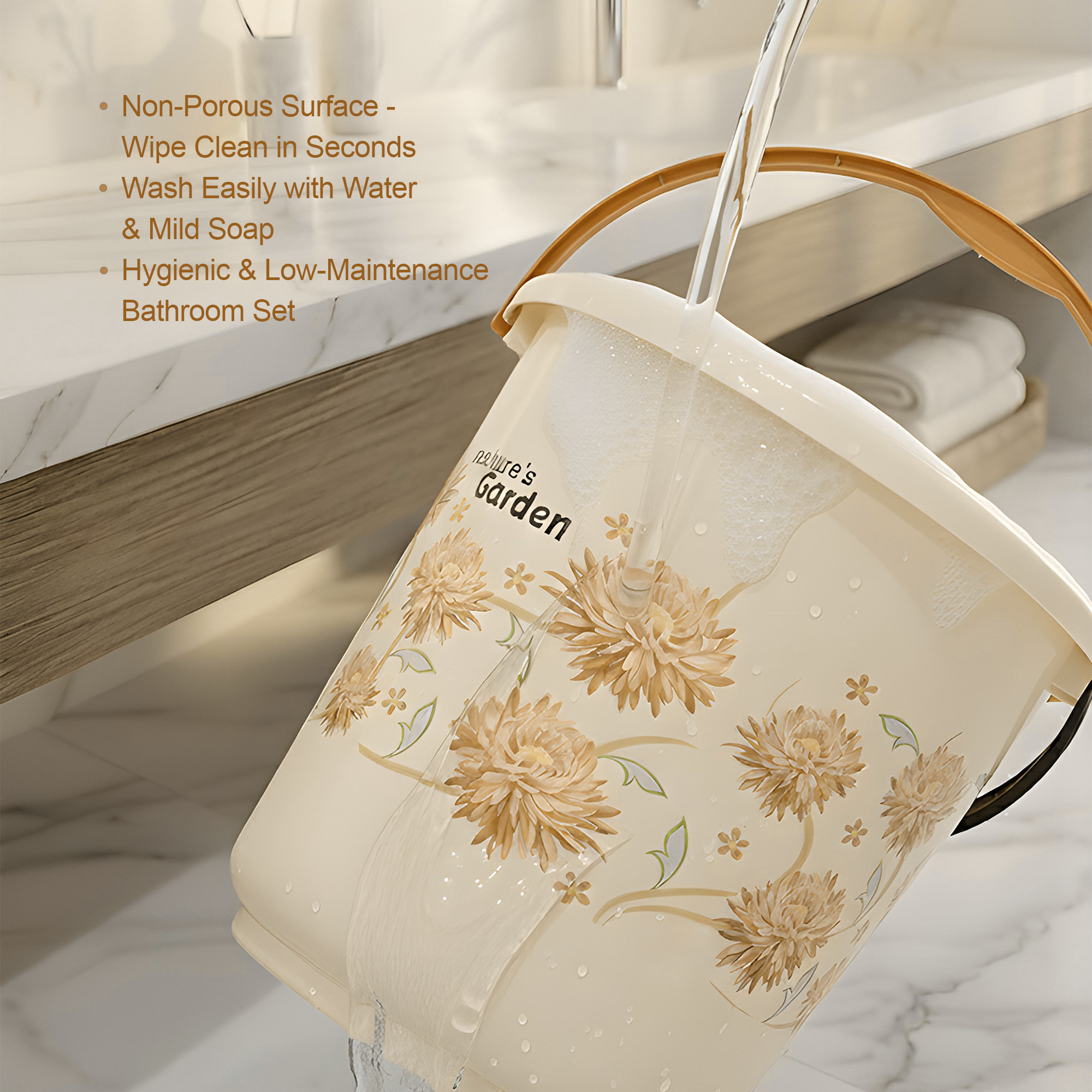 10 Pcs Printed Bathroom Set Combo 2 Buckets Tub Stool 2 Mugs Soap Case Open Dustbin Stool DustPan  Brush Holder  Ivory