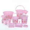 10 Pcs Printed Bathroom Set Combo 2 Buckets, Tub, Stool, 2 Mugs, Soap Case, Open Dustbin, Stool, DustPan &amp; Brush Holder | Pink