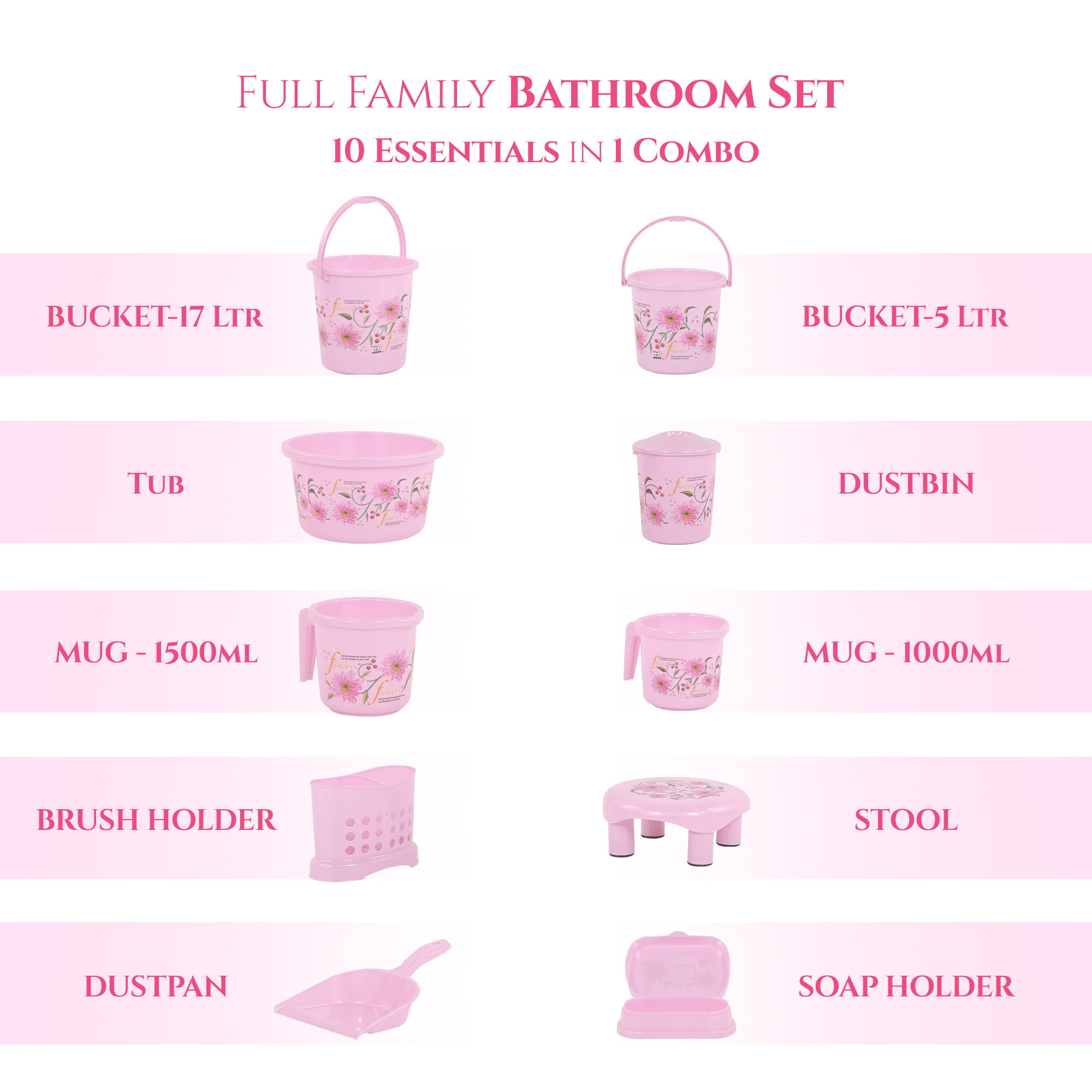 10 Pcs Printed Bathroom Set Combo 2 Buckets Tub Stool 2 Mugs Soap Case Open Dustbin Stool DustPan  Brush Holder  Pink