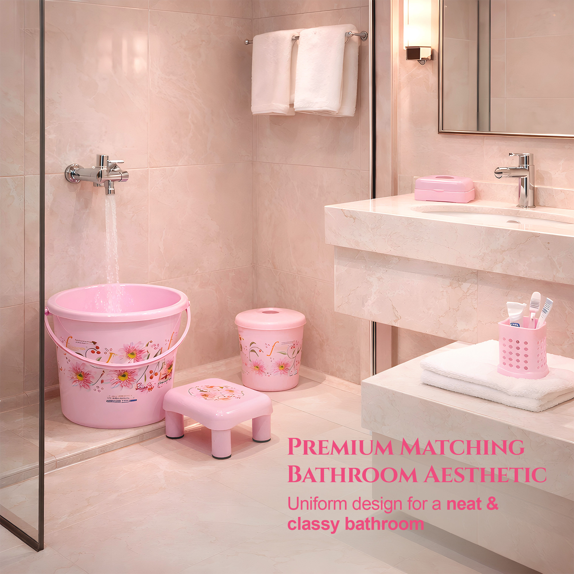10 Pcs Printed Bathroom Set Combo 2 Buckets Tub Stool 2 Mugs Soap Case Open Dustbin Stool DustPan  Brush Holder  Pink