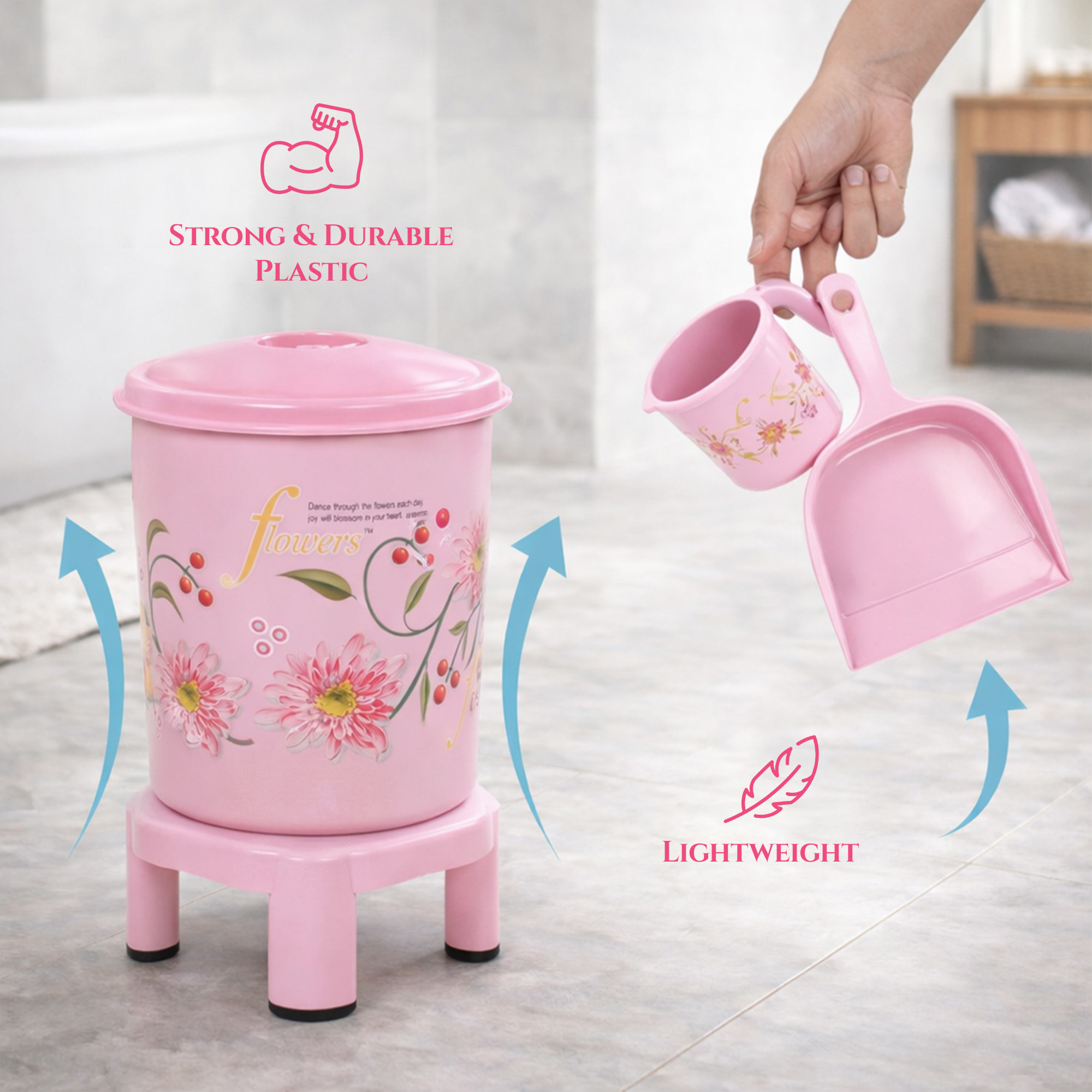 10 Pcs Printed Bathroom Set Combo 2 Buckets Tub Stool 2 Mugs Soap Case Open Dustbin Stool DustPan  Brush Holder  Pink