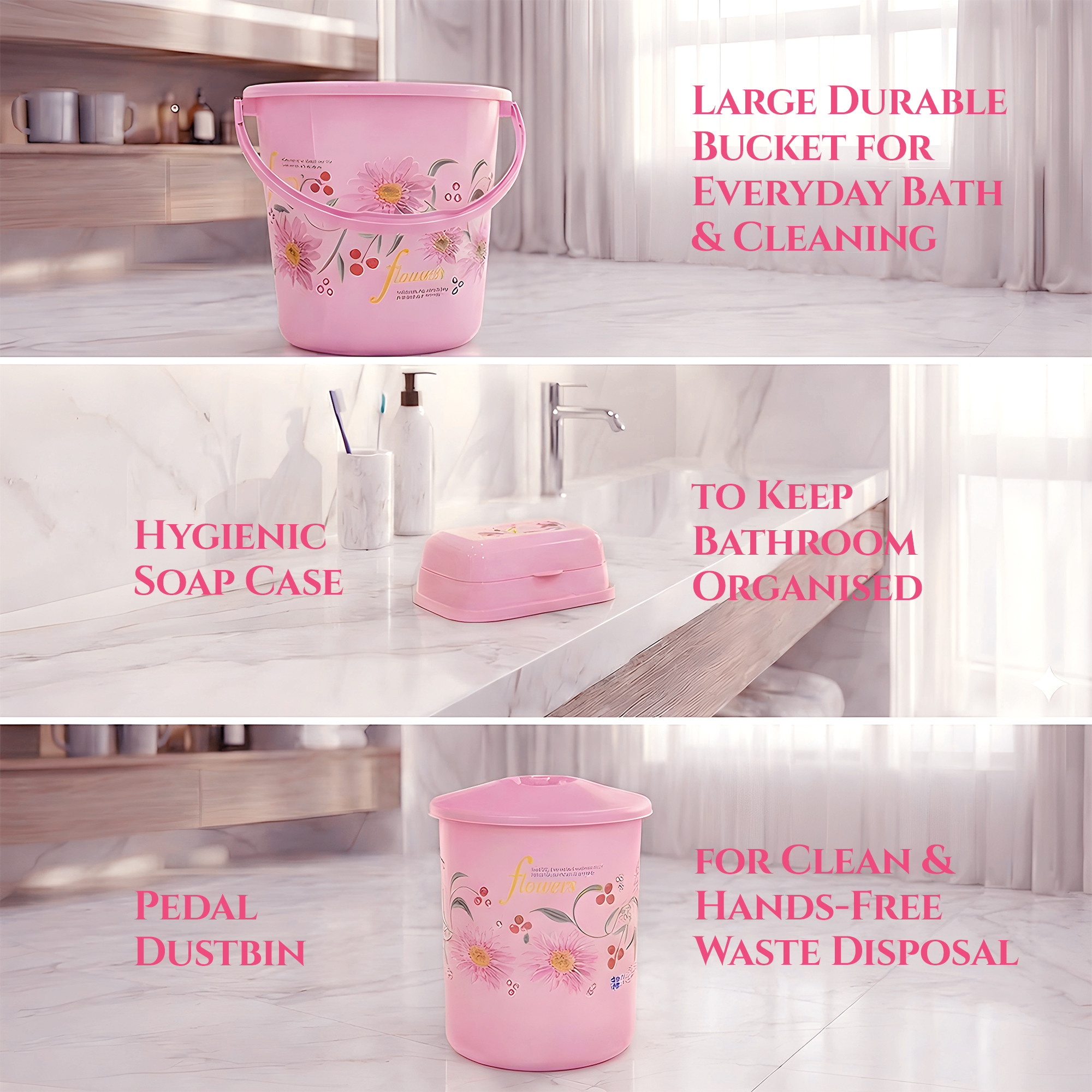 10 Pcs Printed Bathroom Set Combo 2 Buckets Tub Stool 2 Mugs Soap Case Open Dustbin Stool DustPan  Brush Holder  Pink
