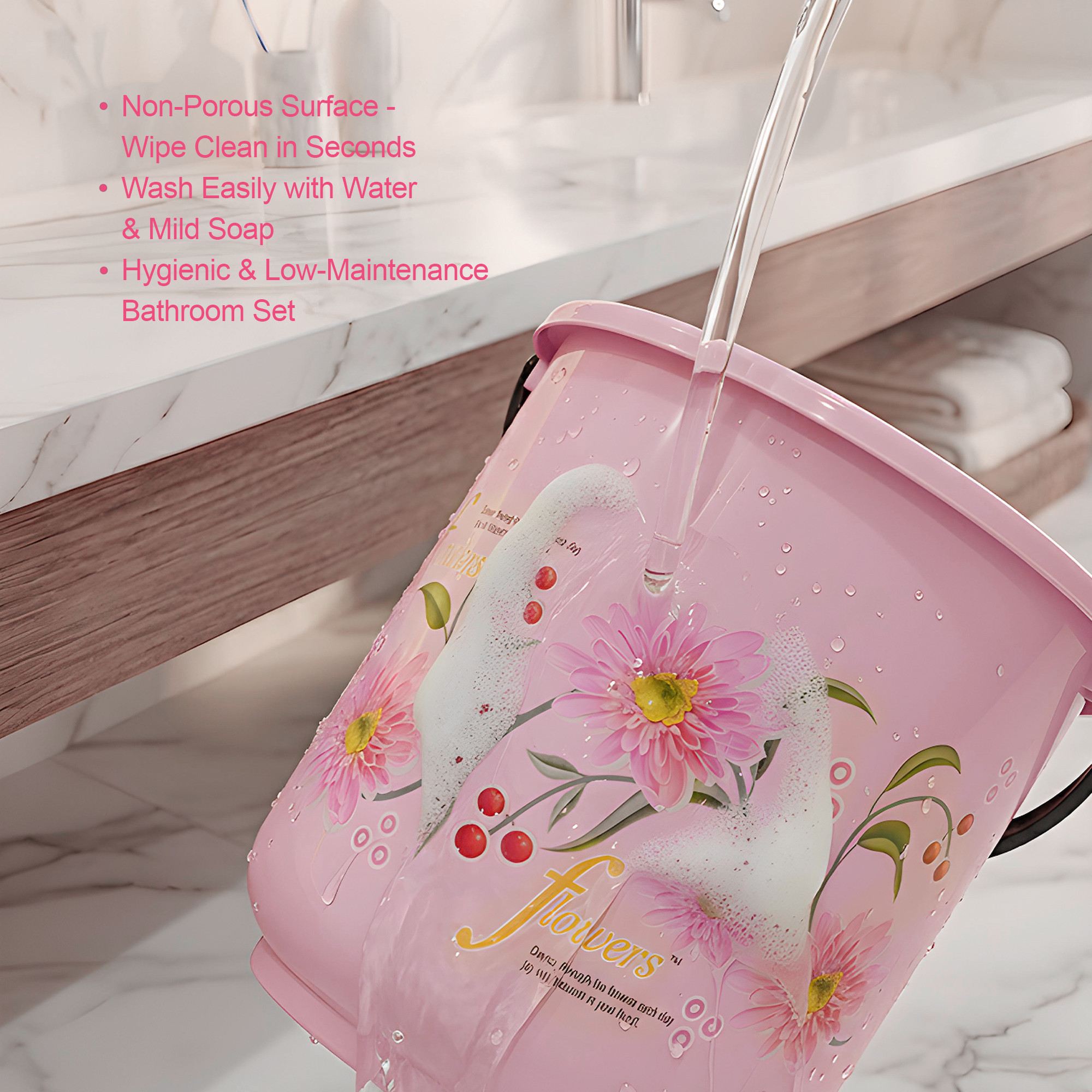 10 Pcs Printed Bathroom Set Combo 2 Buckets Tub Stool 2 Mugs Soap Case Open Dustbin Stool DustPan  Brush Holder  Pink