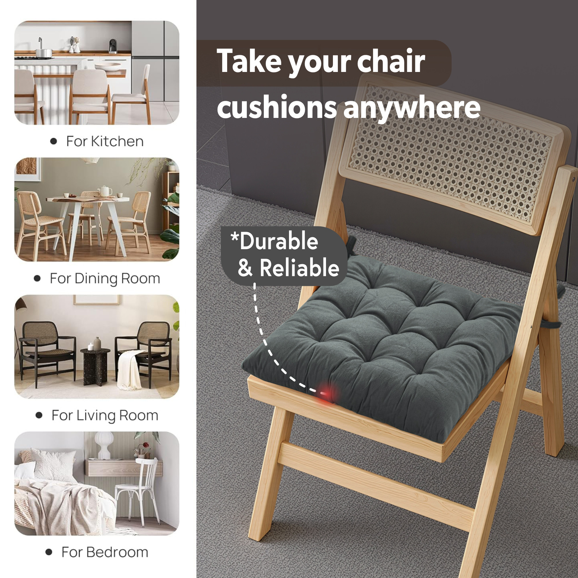 16 Inch Heavy Velvet Chair Pad Cushion with Drawstrings for Dining Office  Home  Soft Seat Pad  Support for Long Sitting  Grey