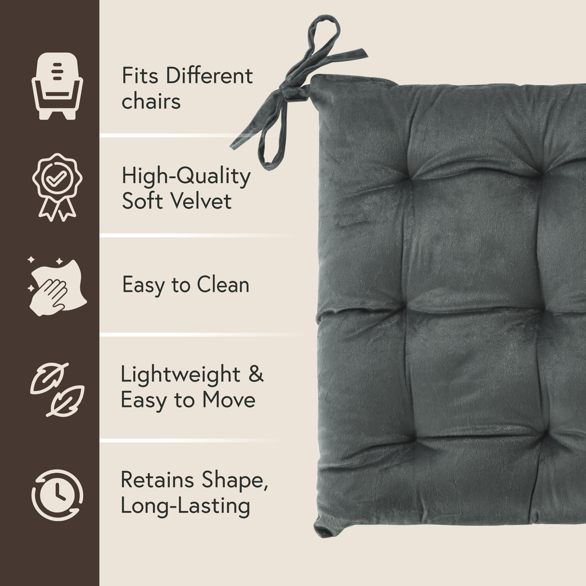 16 Inch Heavy Velvet Chair Pad Cushion with Drawstrings for Dining Office  Home  Soft Seat Pad  Support for Long Sitting  Grey