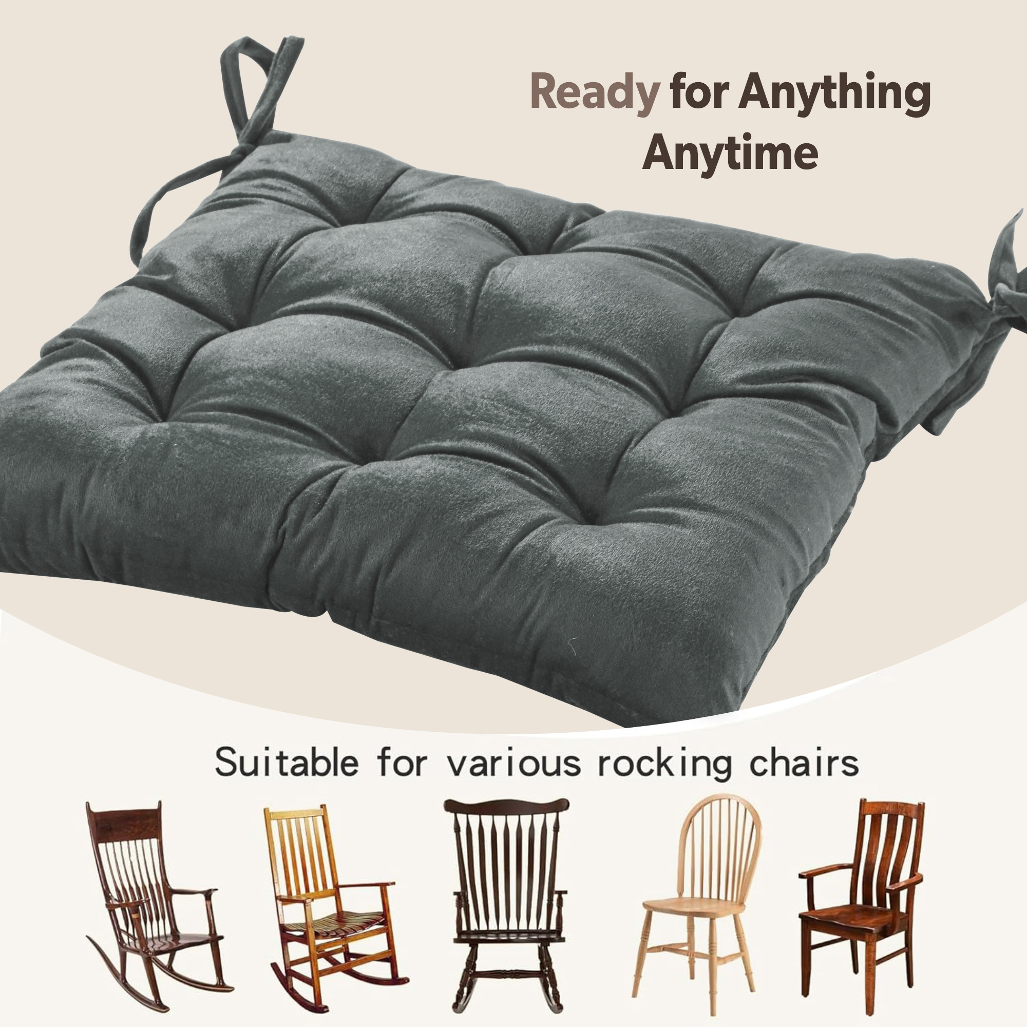 16 Inch Heavy Velvet Chair Pad Cushion with Drawstrings for Dining Office  Home  Soft Seat Pad  Support for Long Sitting  Grey