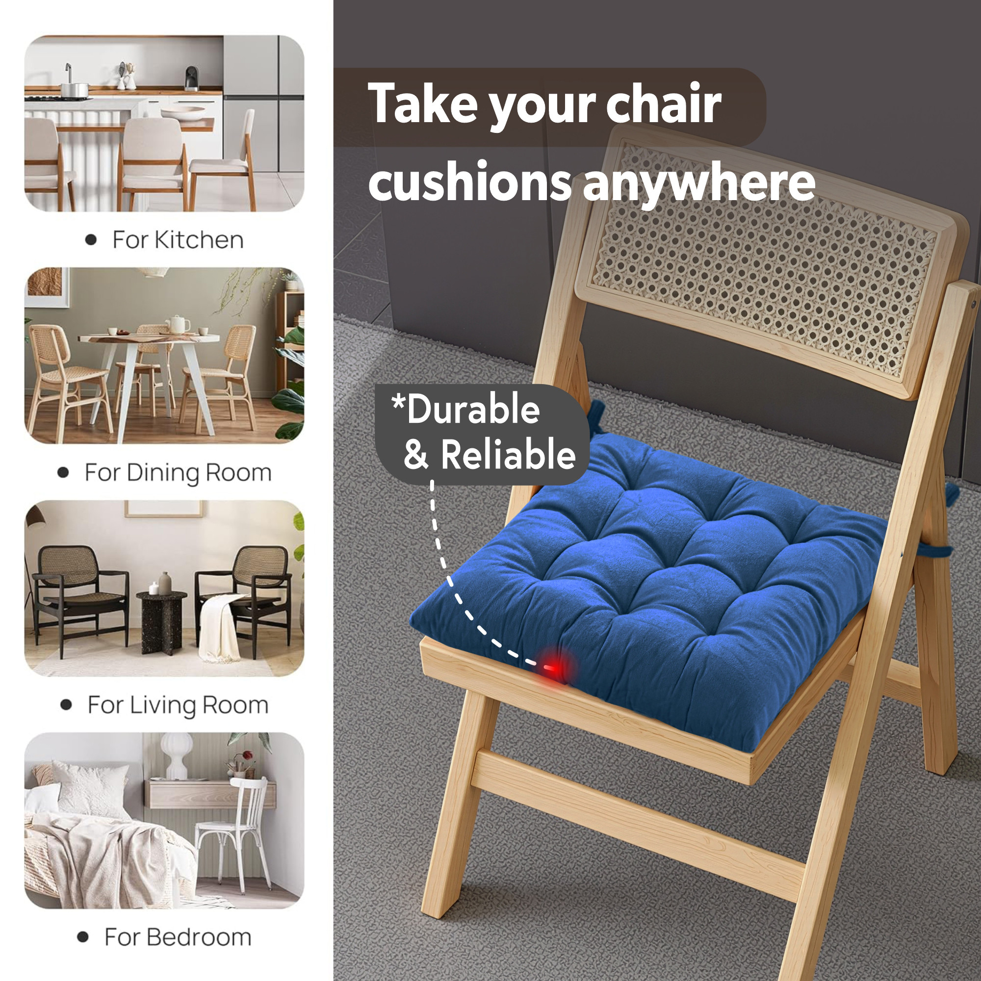 16 Inch Heavy Velvet Chair Pad Cushion with Drawstrings for Dining Office  Home  Soft Seat Pad  Support for Long Sitting  Navy Blue