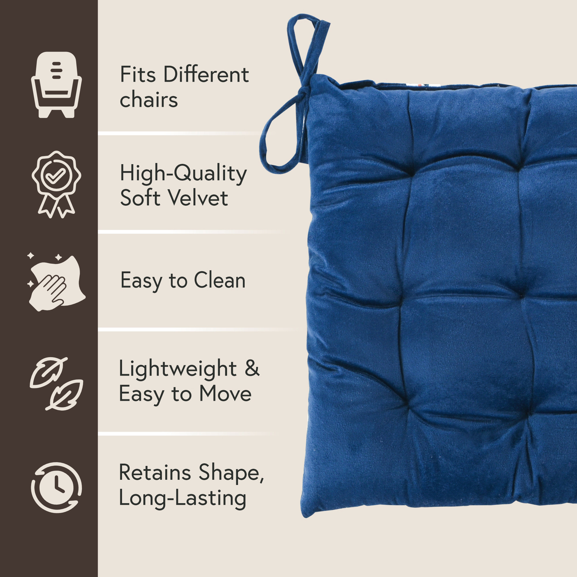 16 Inch Heavy Velvet Chair Pad Cushion with Drawstrings for Dining Office  Home  Soft Seat Pad  Support for Long Sitting  Navy Blue