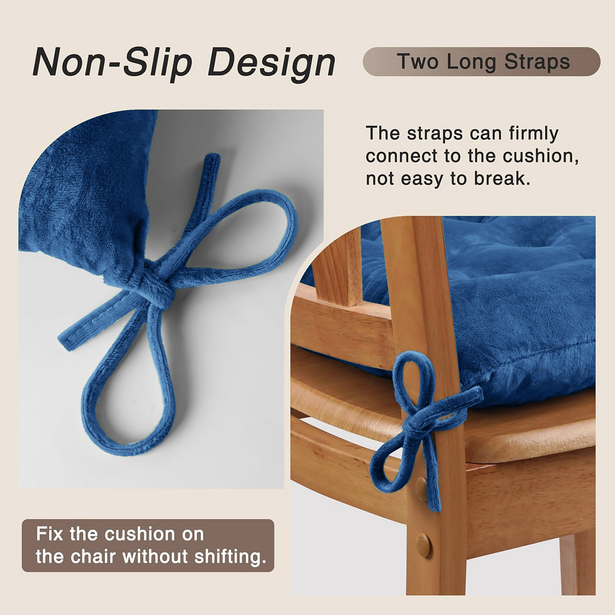 16 Inch Heavy Velvet Chair Pad Cushion with Drawstrings for Dining Office  Home  Soft Seat Pad  Support for Long Sitting  Navy Blue