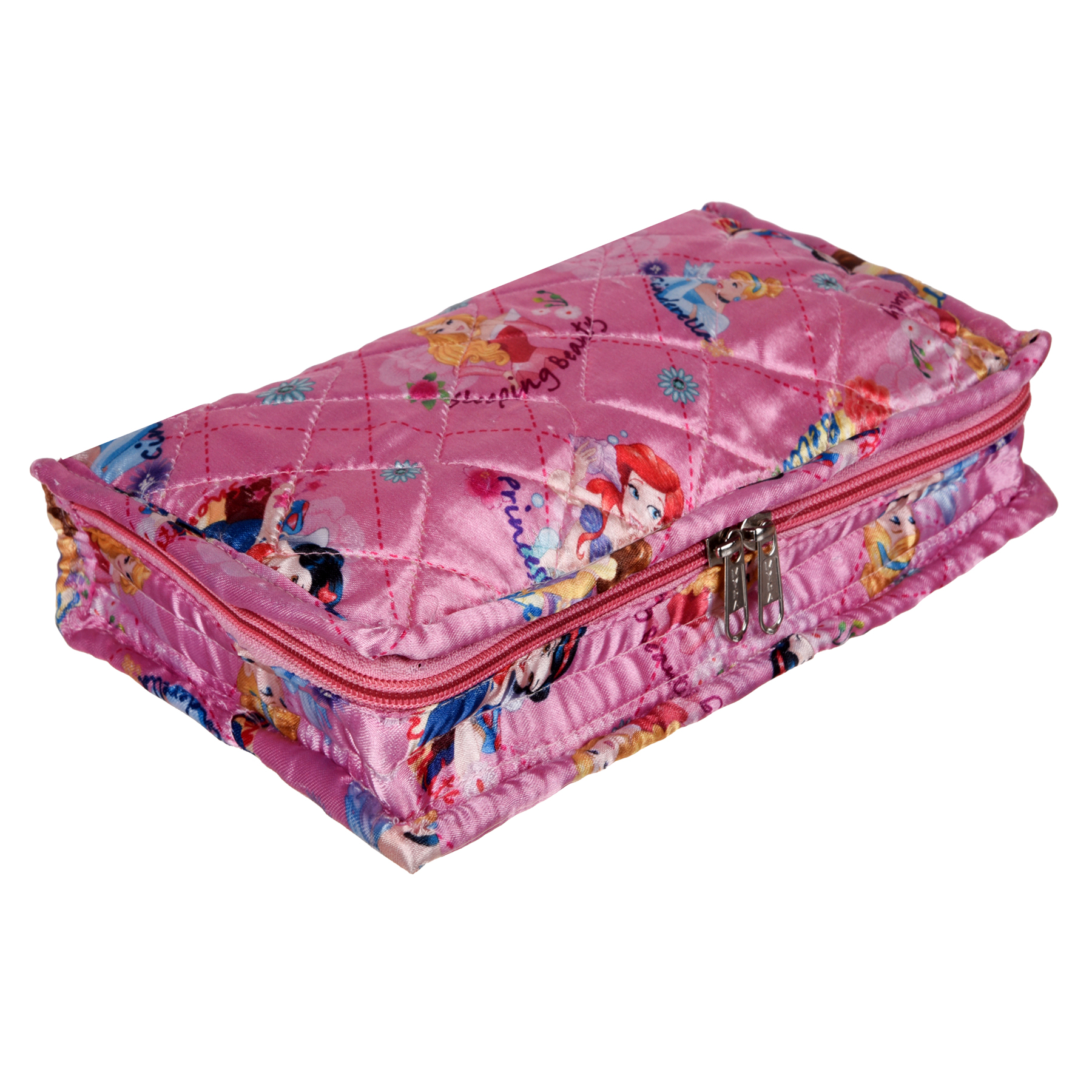 Kuber Industries Disney Princess Jewellery Kit  Satin Digital Jewellery Kit  6 Flappable Pouches  1 Extra Compartment  Cosmetic Kit for Necklace  Bracelet  Pink