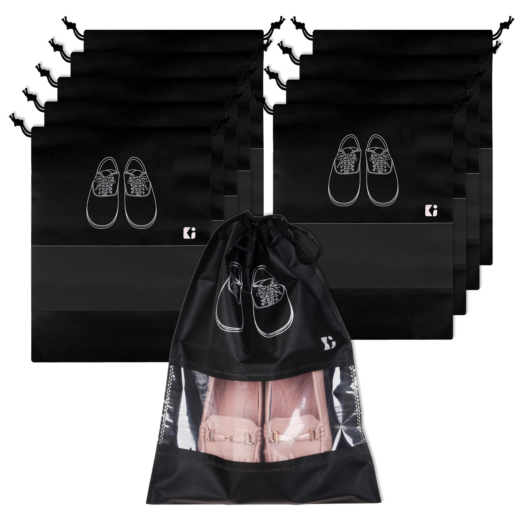 Kuber Industries Pack of 6 Shoe Bags  Shoe Bags for Travel  Non-Woven Shoe Storage Bags  Storage Organizers Set  Shoe Cover with Transparent Window  Shoe Dori Cover  Black