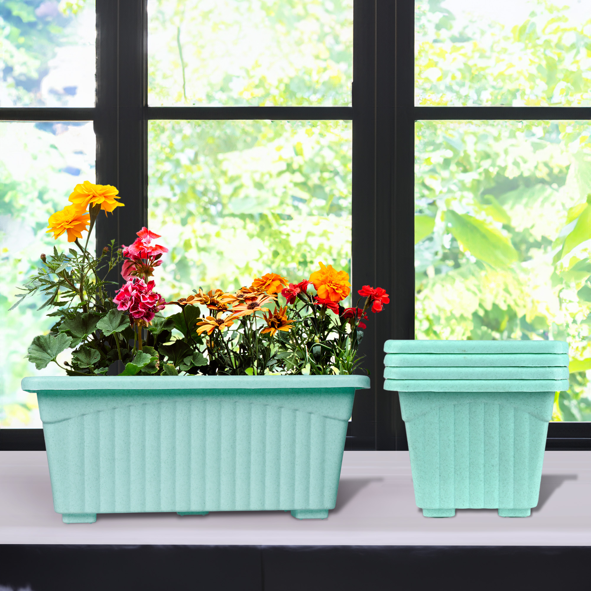 Kuber Industries Pack of 2 Flower Pot  Flower Pot for Living Room-Office  Flower Planters for Home-Lawns  Gardening  Window Planters  Flower Pots for Balcony  Marble Jupitar  Green