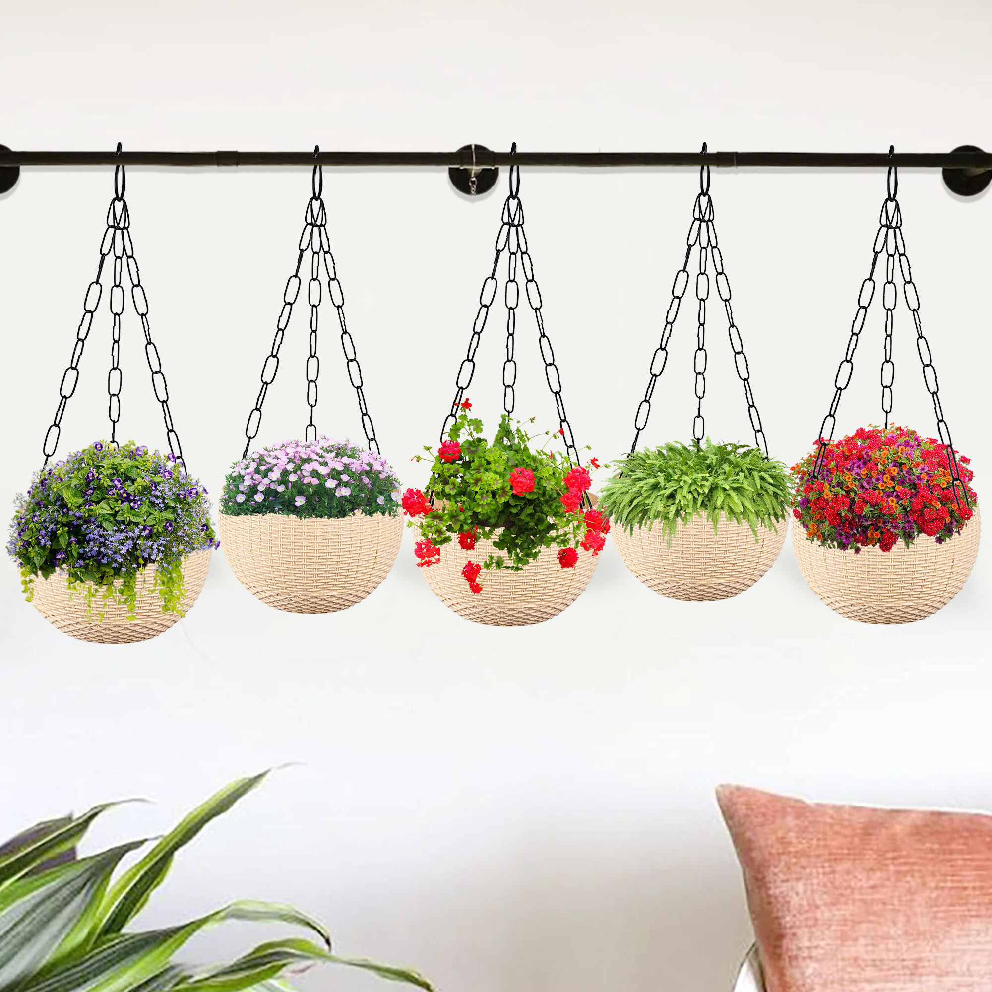 Kuber Industries Pack of 2 Hanging Flower Pot   Hanging Flower Pot for Living Room  Hanging Pot for Home-Lawns  Gardening  Flower Planter for Balcony  Marble Euro  7 Inch  Beige
