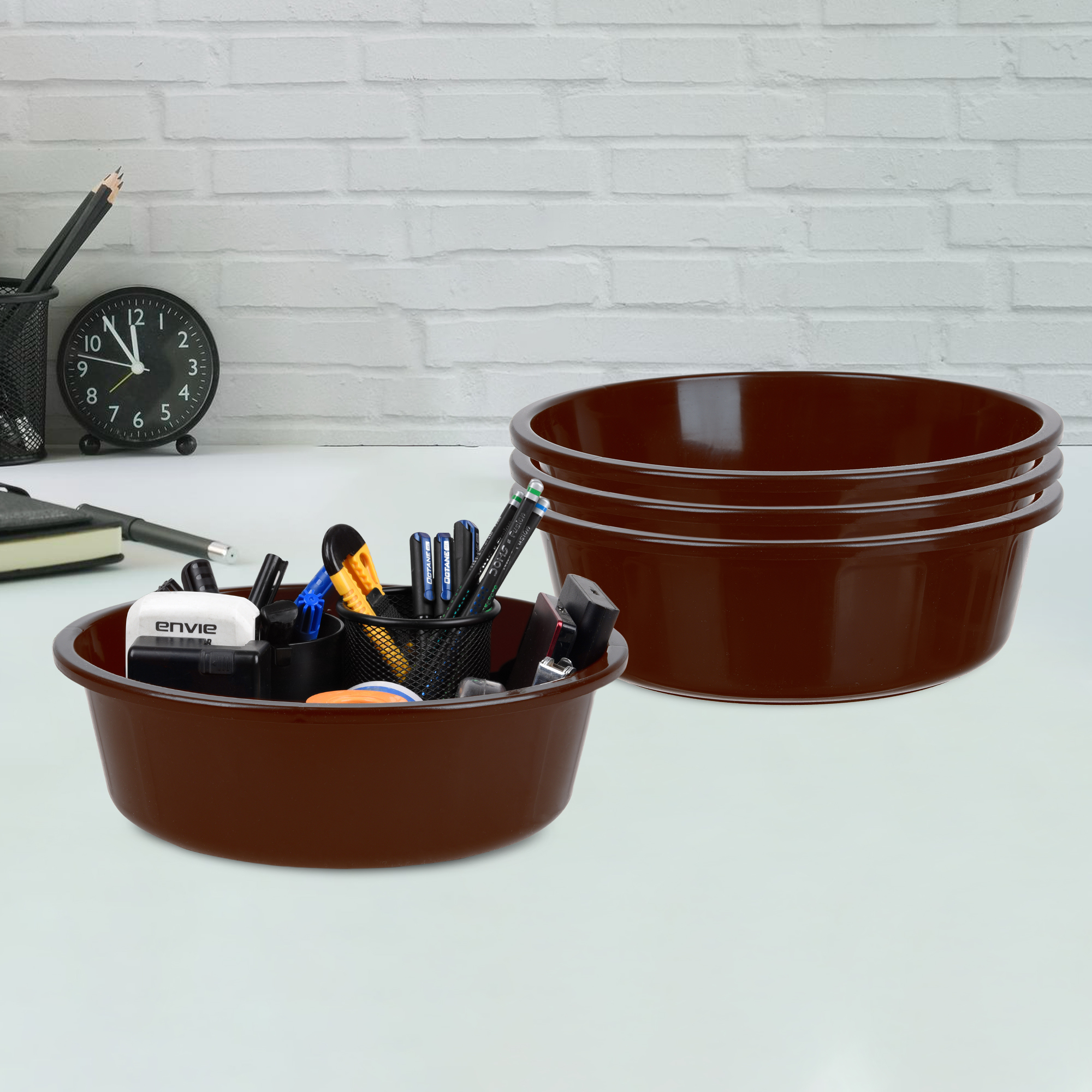 Kuber Industries Pack of 3 Desk Organizer  Stationery Organizer  Multipurpose Storage Organizer  Office Supplies Organizer for Pen-Pencil-Staplers-Clips  Desktop Organizer  6 LTR  Brown