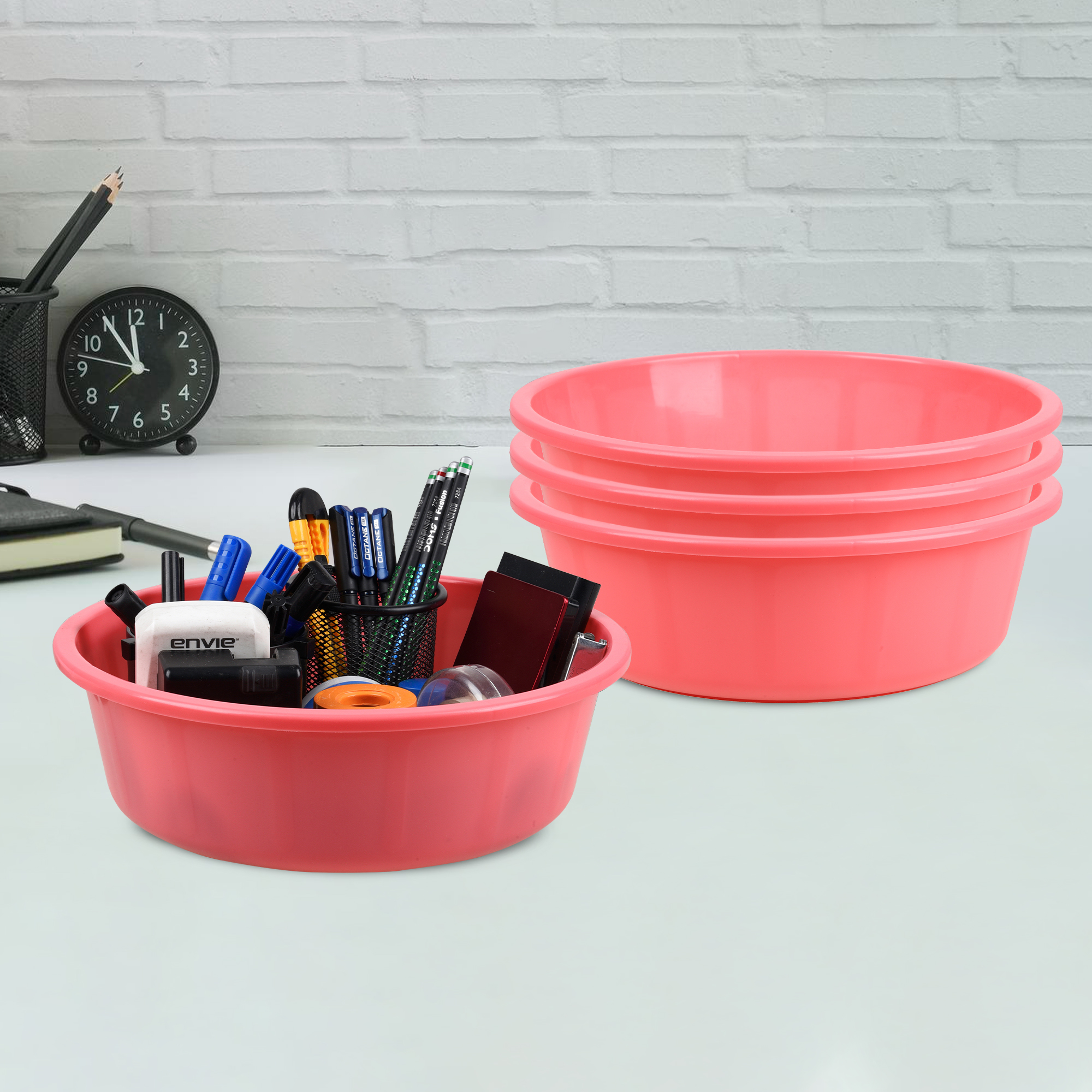 Kuber Industries Pack of 3 Desk Organizer  Stationery Organizer Tub  Multipurpose Storage Organizer  Office Supplies Organizer for Pen-Pencil-Staplers-Clips  Desktop Organizer  6 LTR  Pink