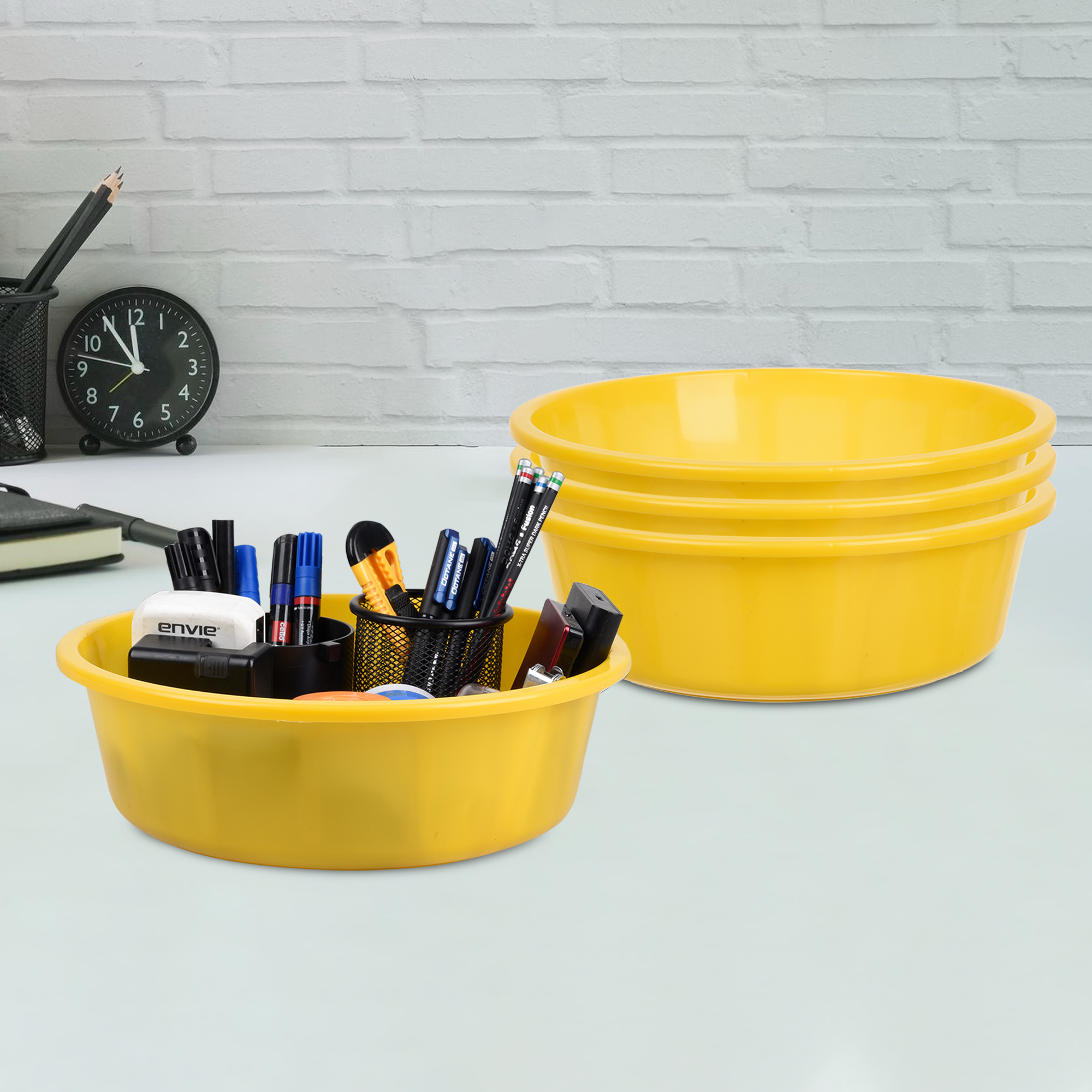 Kuber Industries Pack of 3 Desk Organizer  Stationery Organizer Tub  Multipurpose Storage Organizer  Office Supplies Organizer for Pen-Pencil-Staplers-Clips  Desktop Organizer  6 LTR  Yellow