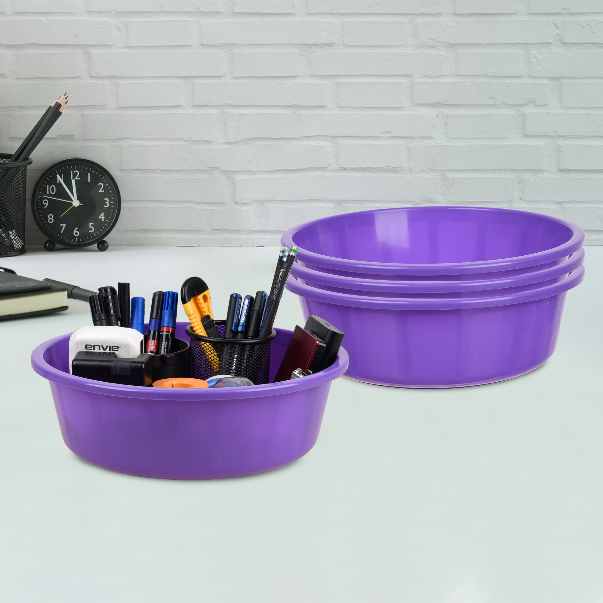Kuber Industries Pack of 3 Desk Organizer  Stationery Organizer Tub  Multipurpose Storage Organizer  Office Supplies Organizer for Pen-Pencil-Staplers-Clips  Desktop Organizer  6 LTR  Purple