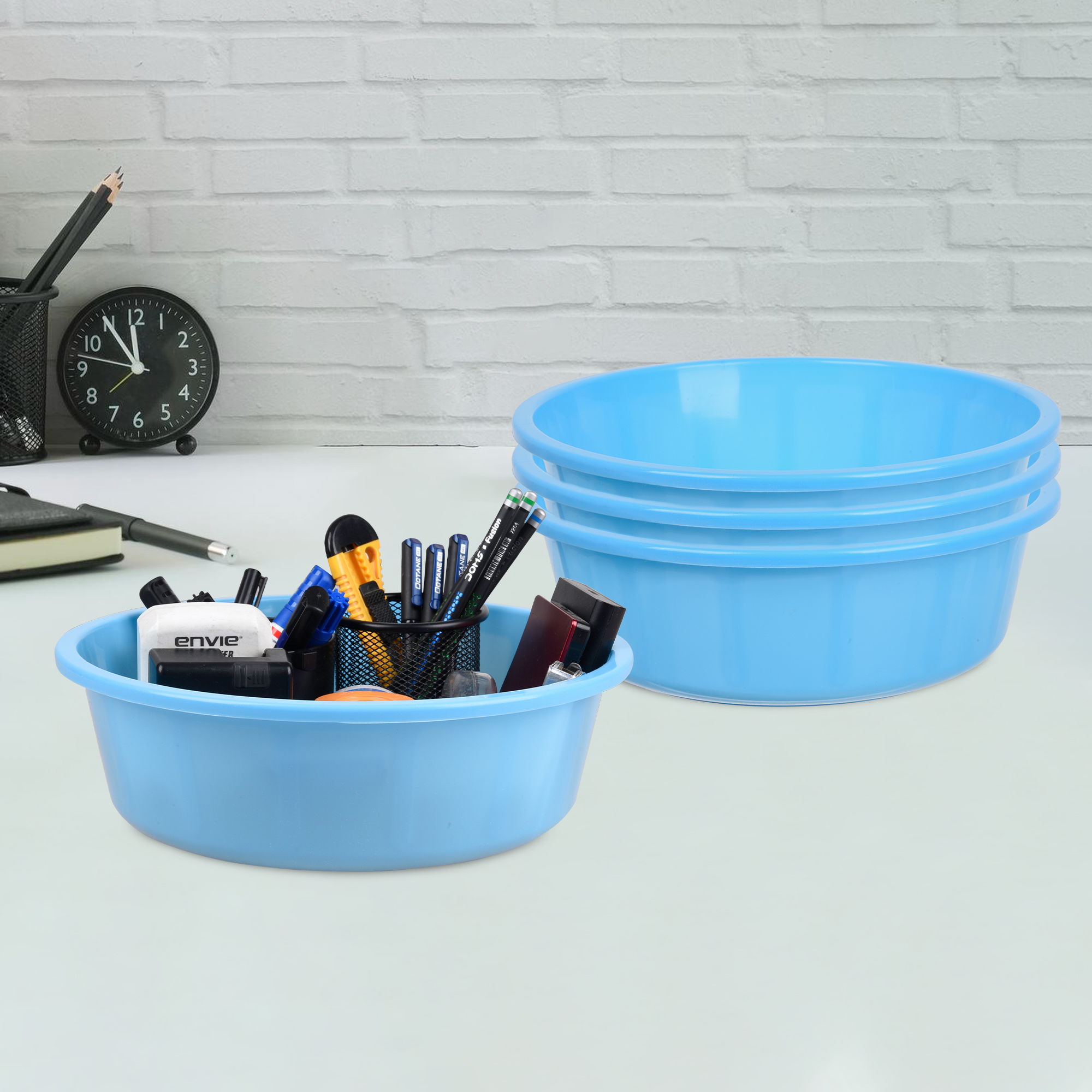 Kuber Industries Pack of 3 Desk Organizer  Stationery Organizer Tub  Multipurpose Storage Organizer  Office Supplies Organizer for Pen-Pencil-Staplers-Clips  Desktop Organizer  6 LTR  Sky Blue