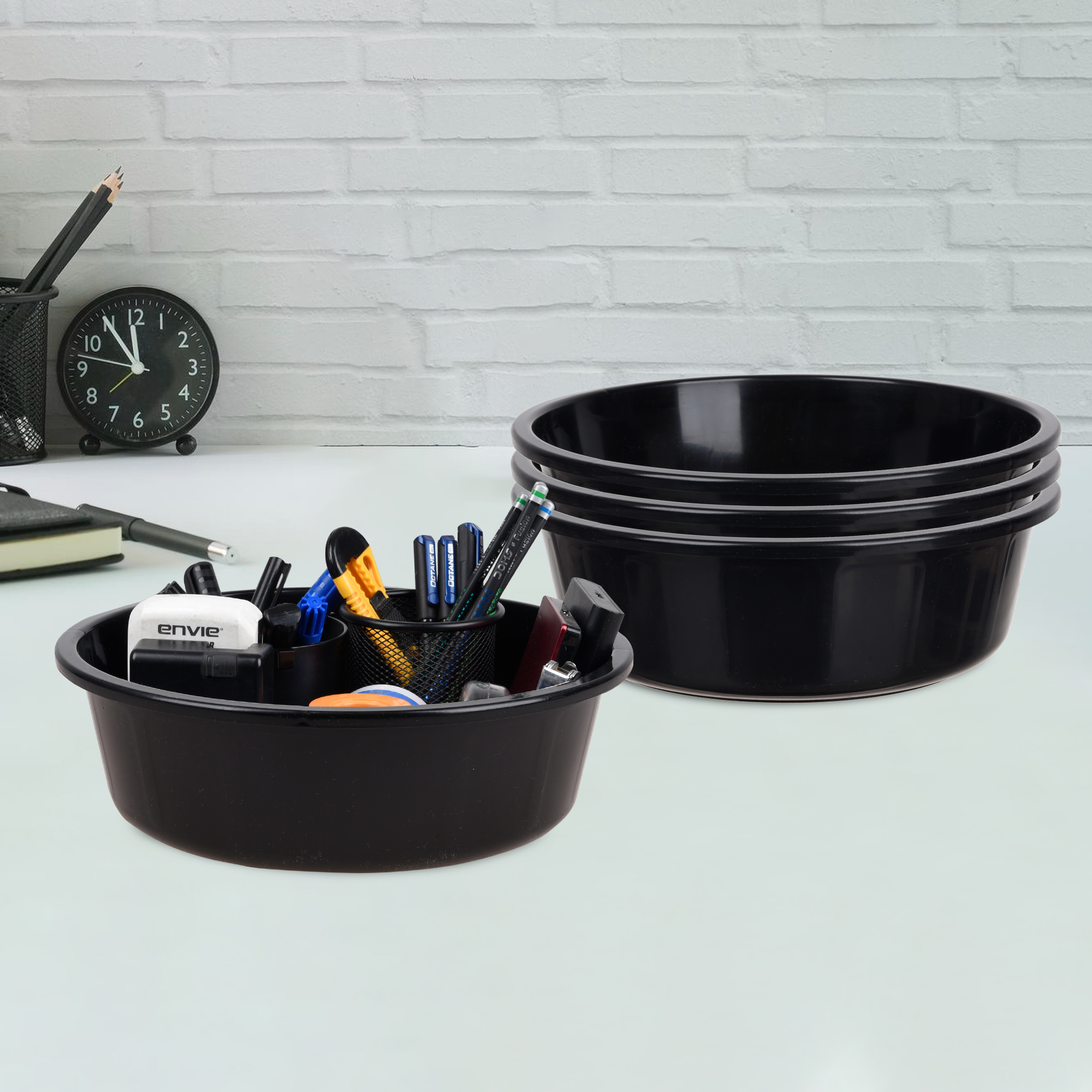 Kuber Industries Pack of 3 Desk Organizer  Stationery Organizer Tub  Multipurpose Storage Organizer  Office Supplies Organizer for Pen-Pencil-Staplers-Clips  Desktop Organizer  6 LTR  Black
