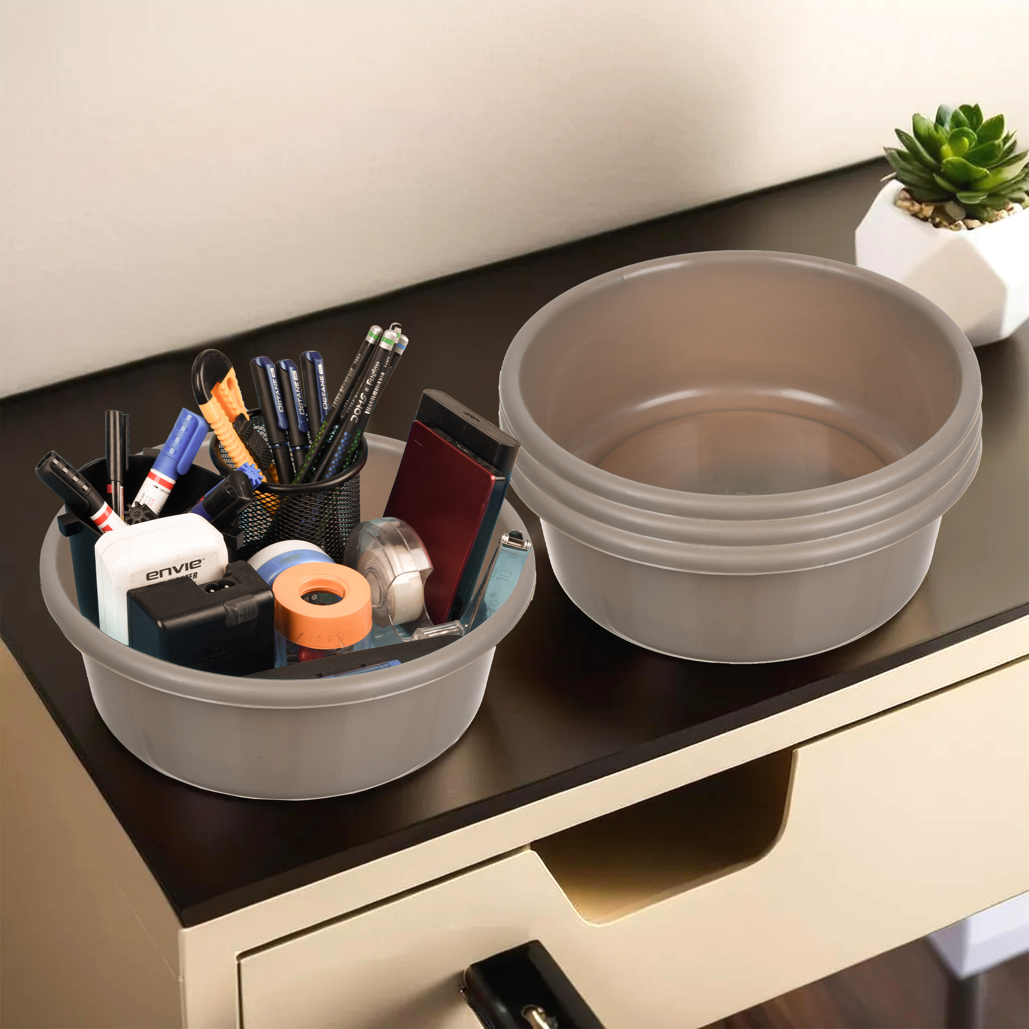 Kuber Industries Pack of 3 Desk Organizer  Stationery Organizer Tub  Multipurpose Storage Organizer  Office Supplies Organizer for Pen-Pencil-Staplers-Clips  Desktop Organizer  4 LTR  Brown