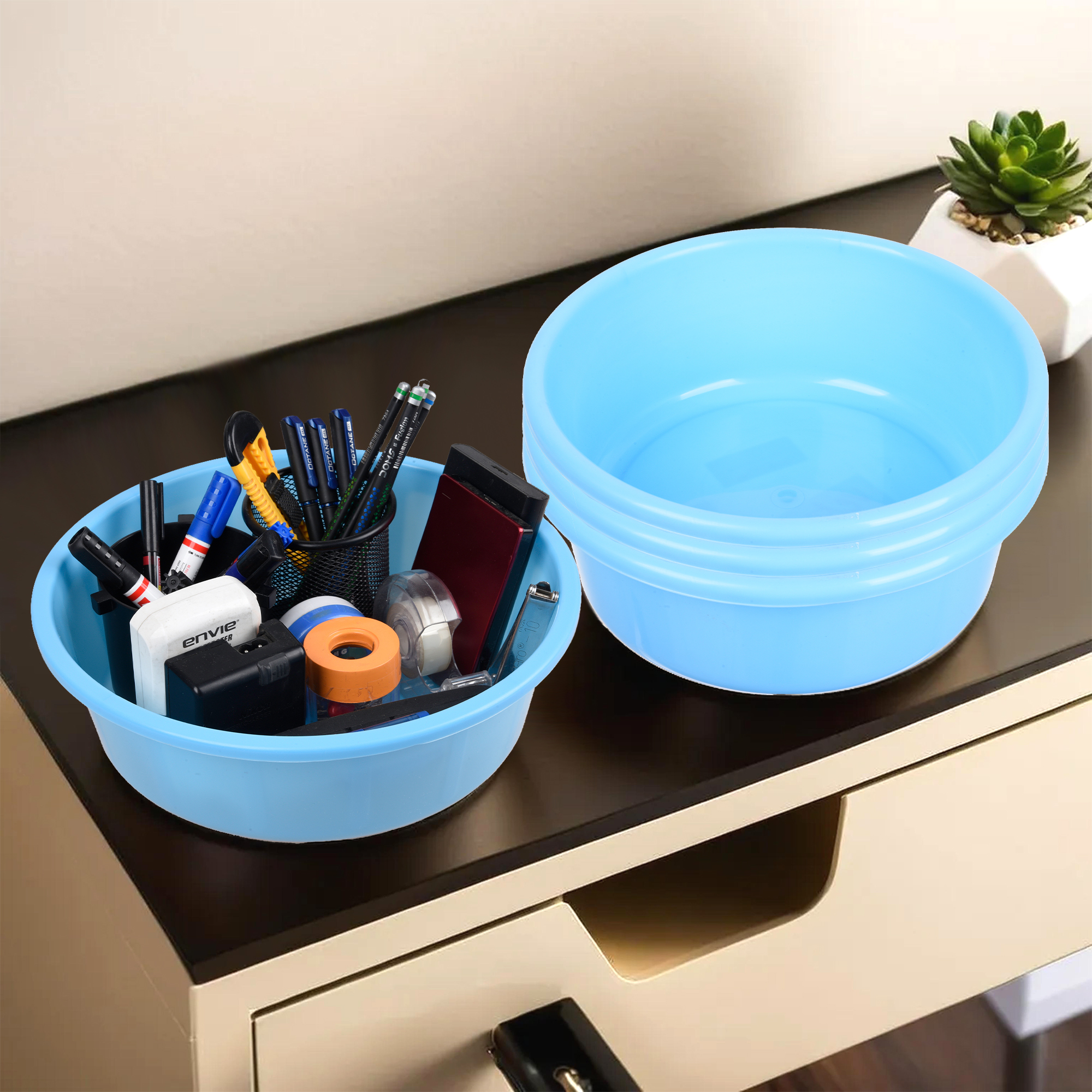 Kuber Industries Pack of 3 Desk Organizer  Stationery Organizer Tub  Multipurpose Storage Organizer  Office Supplies Organizer for Pen-Pencil-Staplers-Clips  Desktop Organizer  4 LTR  Sky Blue
