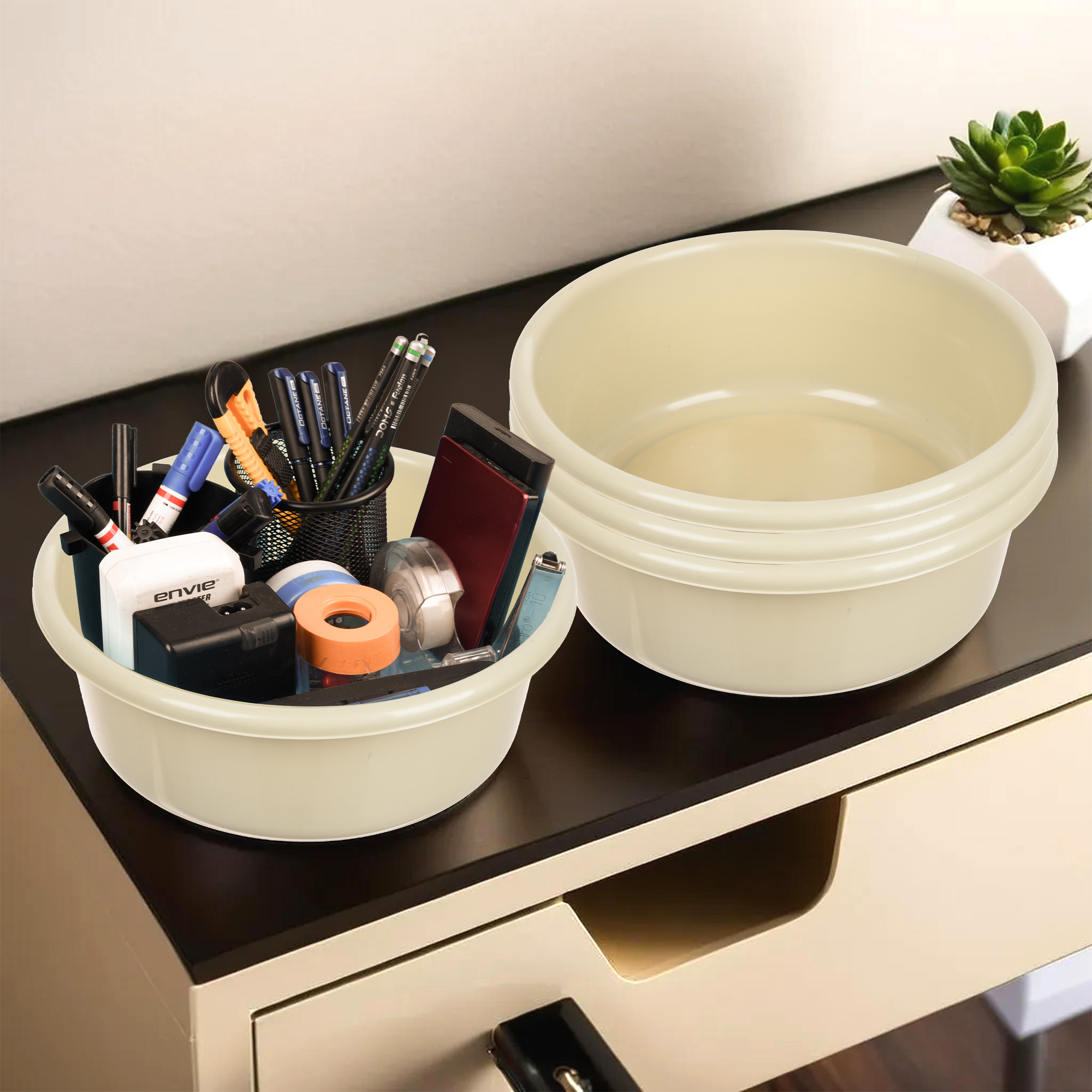 Kuber Industries Pack of 3 Desk Organizer  Stationery Organizer Tub  Multipurpose Storage Organizer  Office Supplies Organizer for Pen-Pencil-Staplers-Clips  Desktop Organizer  4 LTR  Cream
