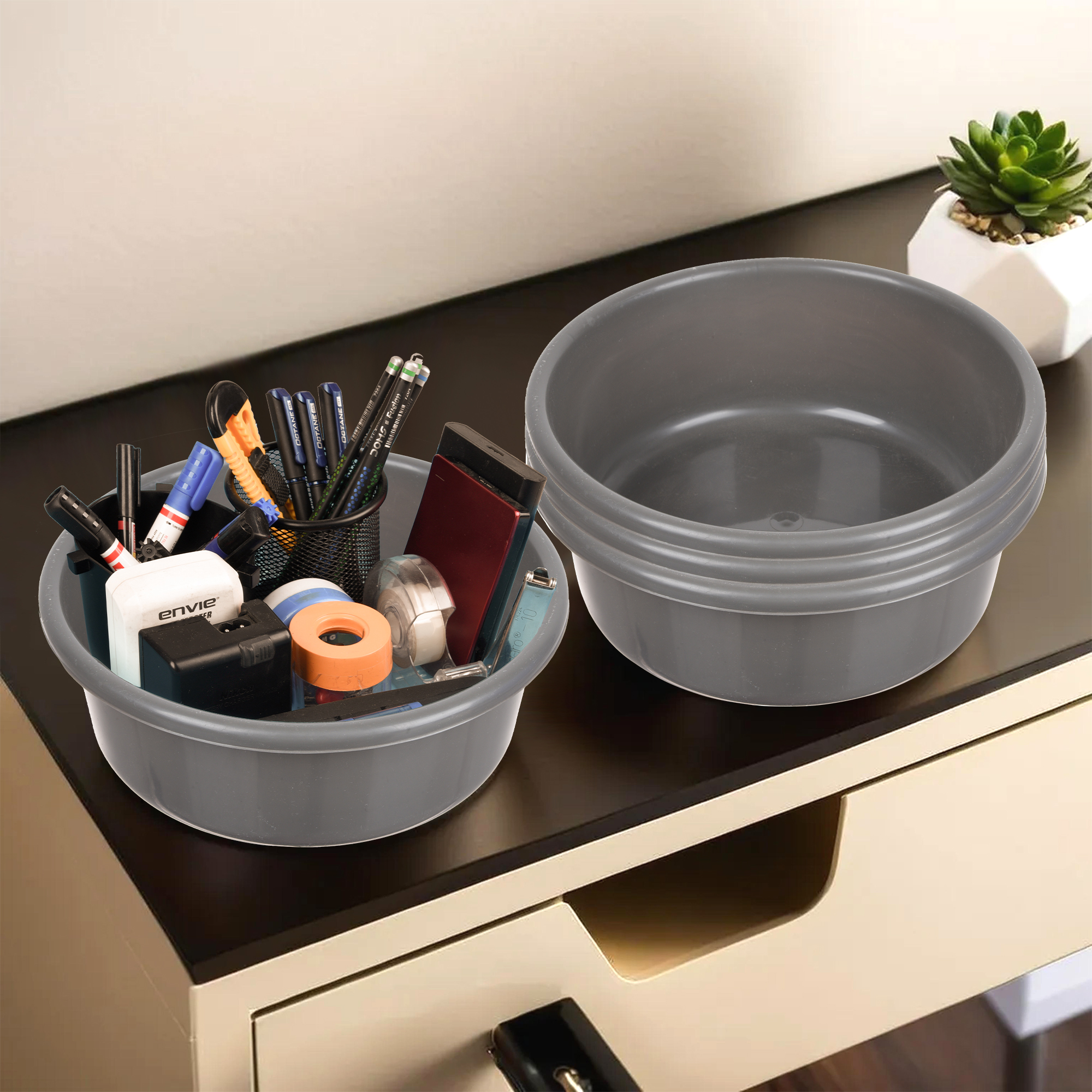 Kuber Industries Pack of 3 Desk Organizer  Stationery Organizer Tub  Multipurpose Storage Organizer  Office Supplies Organizer for Pen-Pencil-Staplers-Clips  Desktop Organizer  4 LTR  Gray