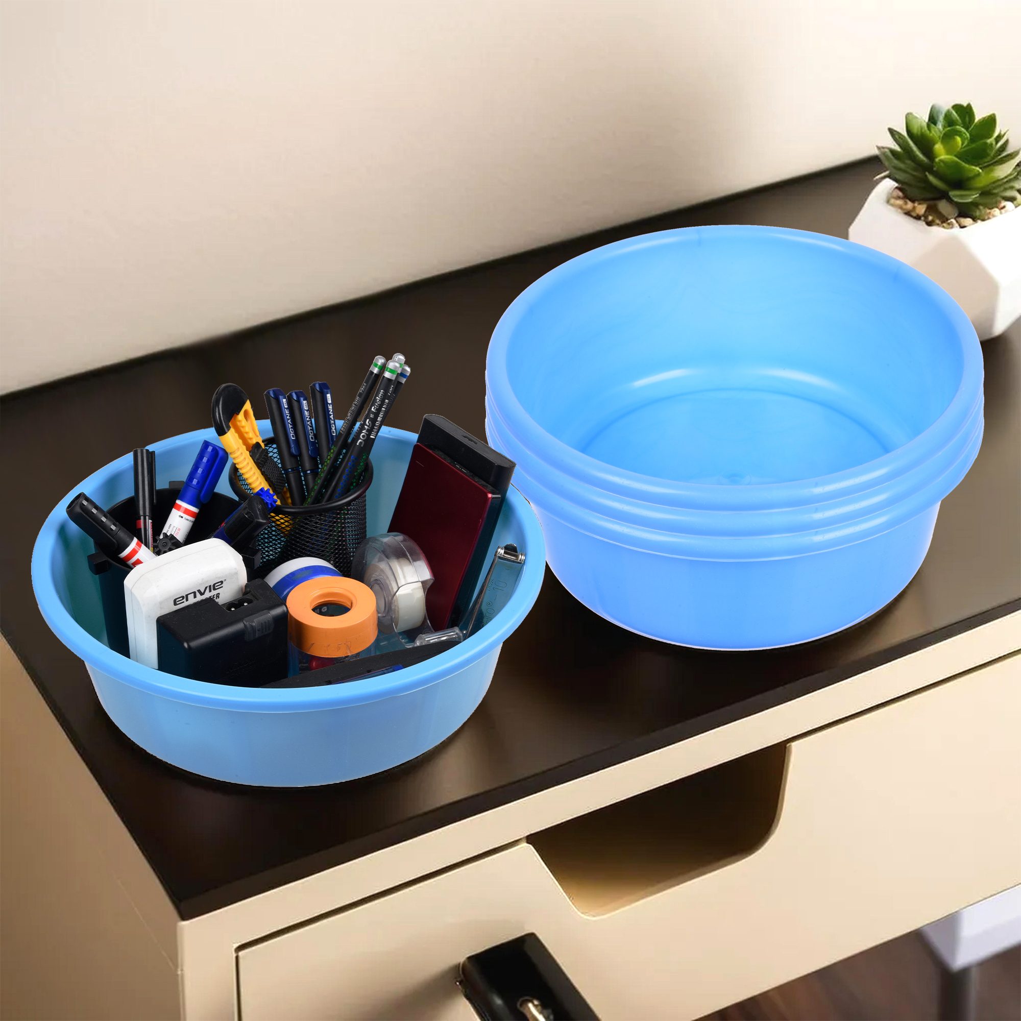 Kuber Industries Pack of 3 Desk Organizer  Stationery Organizer Tub  Multipurpose Storage Organizer  Office Supplies Organizer for Pen-Pencil-Staplers-Clips  Desktop Organizer  4 LTR  Blue