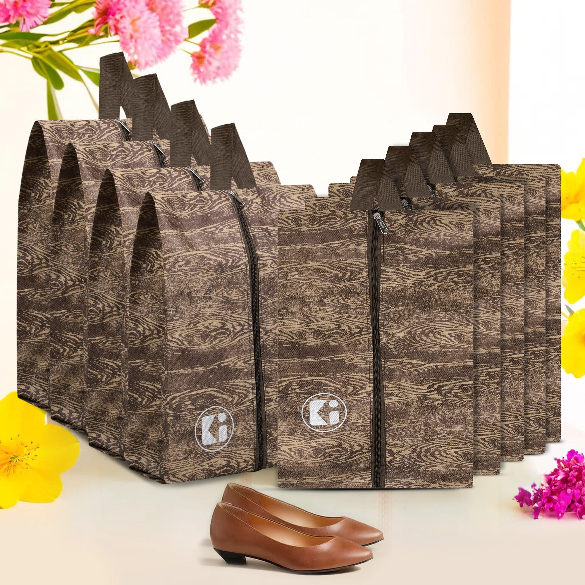Kuber Industries Pack of 4 Travel Organizer  Travel Shoe Carrying Bag  Toiletry Pouch with Chain  Shoe Cover for Travel-Hiking-Adventure  Multipurpose Storage Organizer Bag  Wooden-Print  Brown