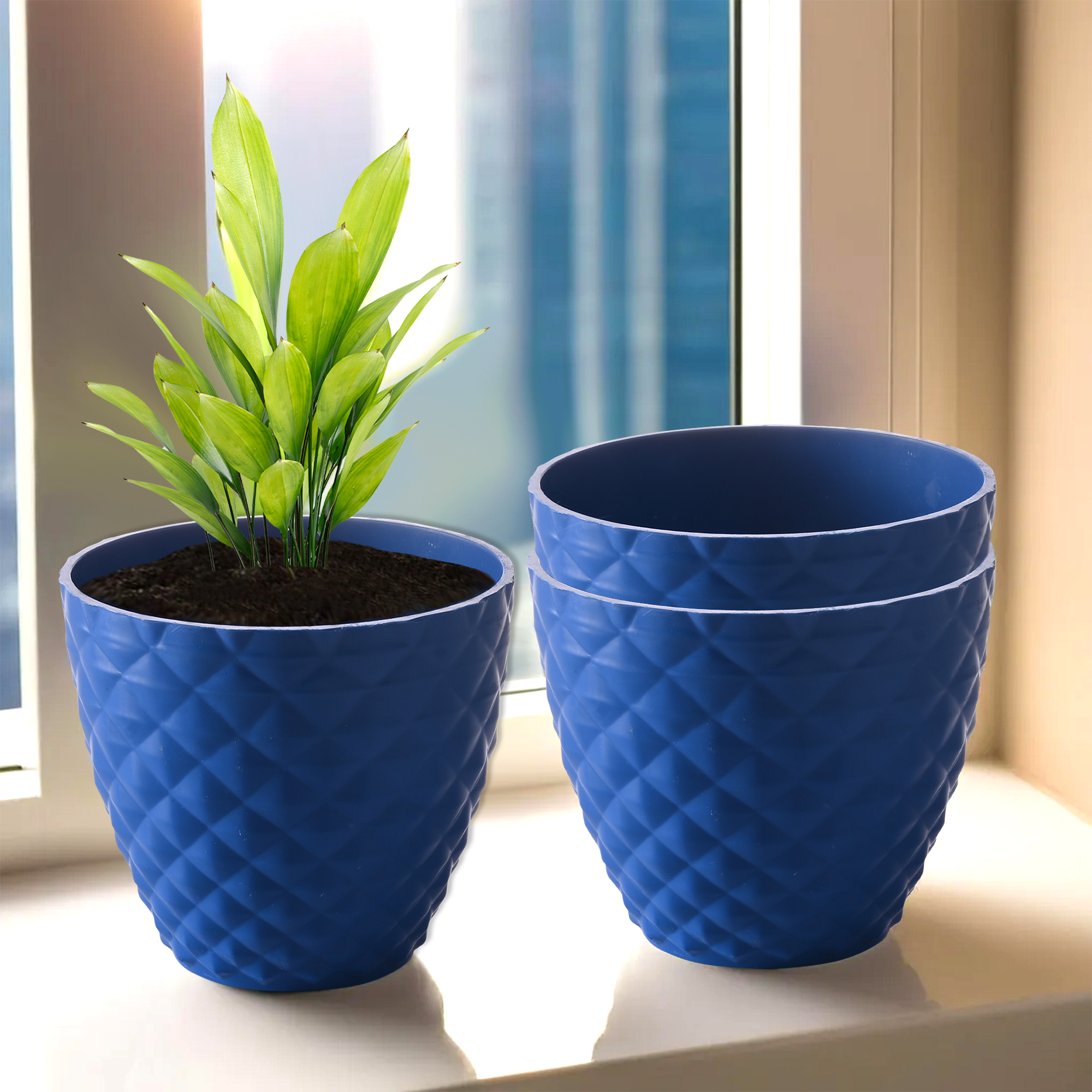 Kuber Industries Pack of 2 Flower Pots  6 Inch Flower Pot for Indoor  Outdoor  Flower Pots for Home Decoration  Flower Pot Stand for Garden  Balcony  Diamond Flower Pot  Blue