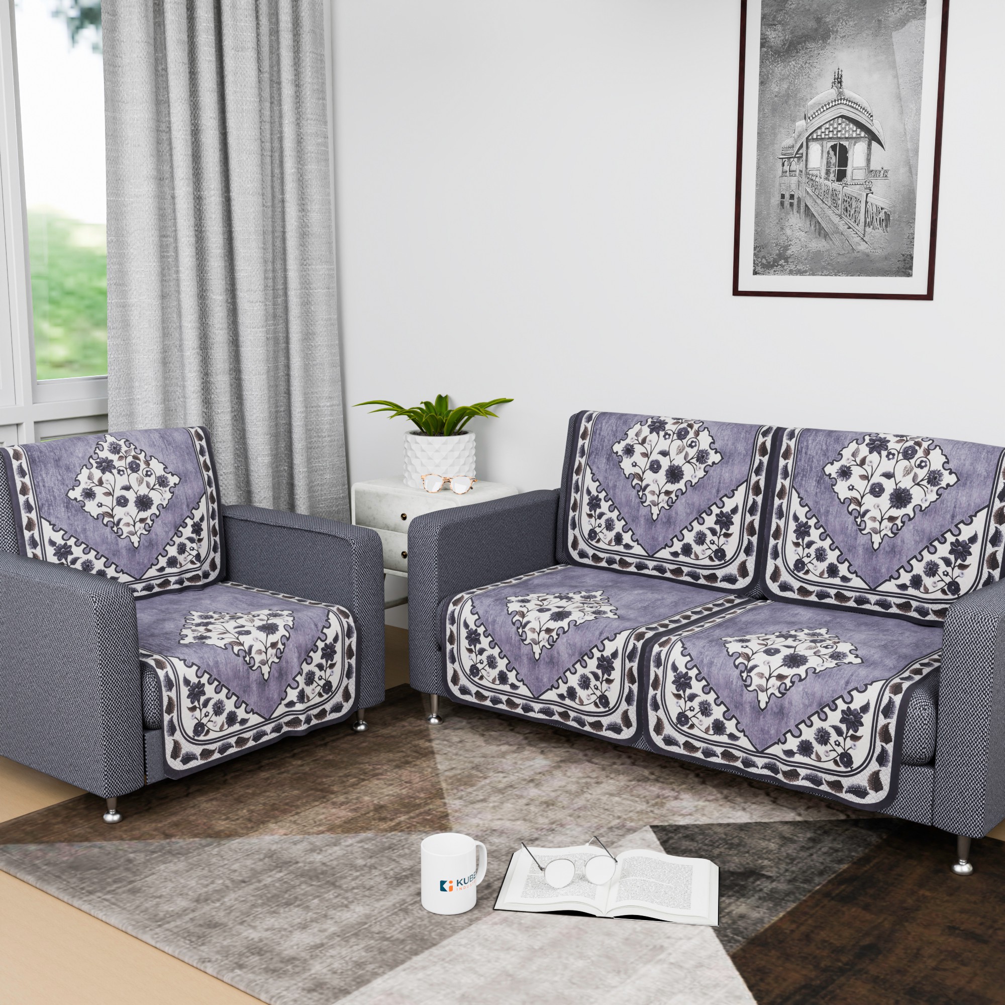 Kuber Industries Sofa Cover  Net Single Seater Sofa Slip Cover Set  Couch Sofa Cover Set  Sofa Cover for Home  Sofa Cover for Living Room  Flower Digital Triangle Border Print-753  Grey